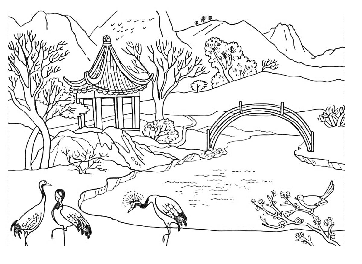 Раскраска Китайский павильон, журавли, мостик, дерево, горы, деревья