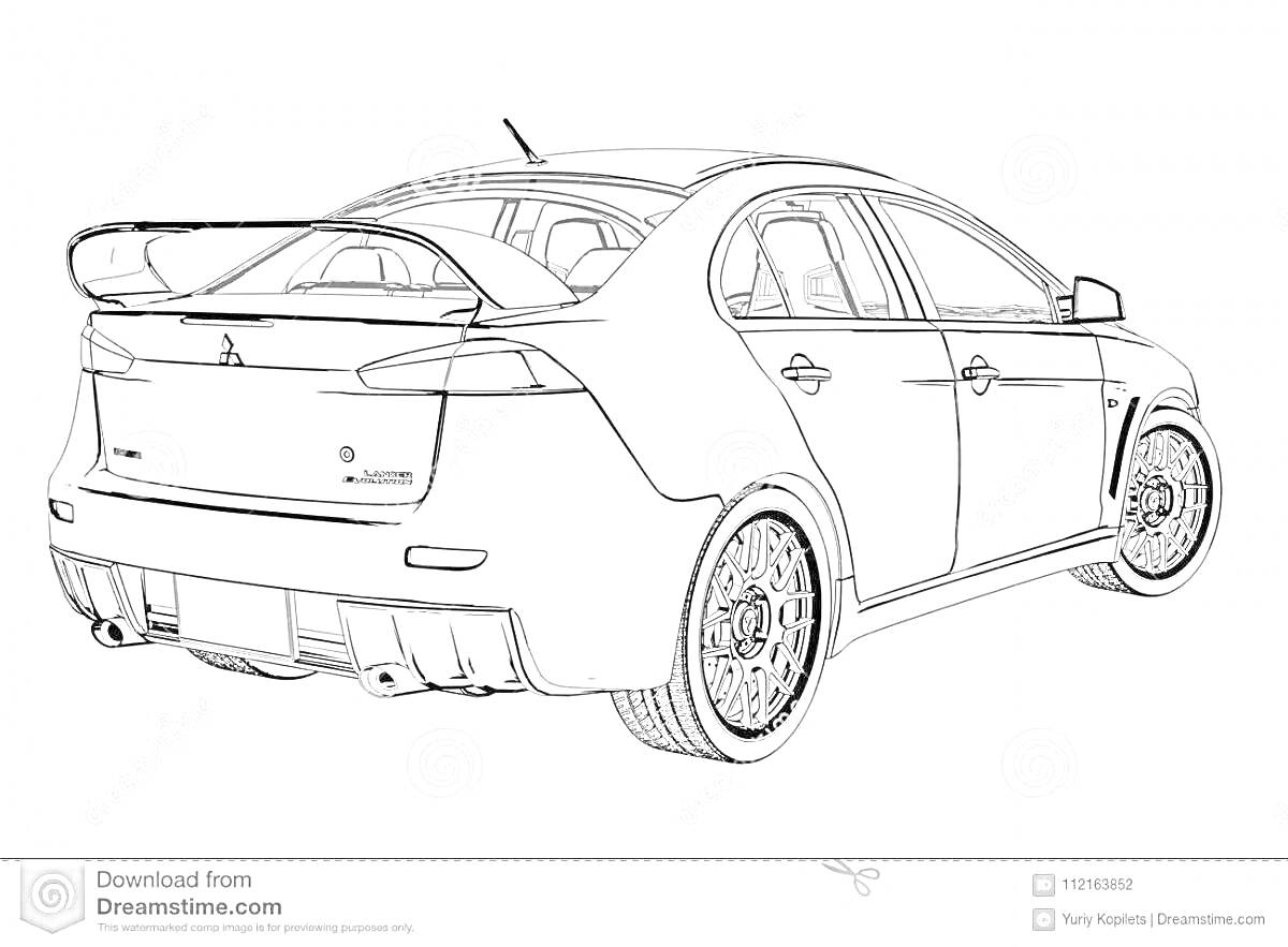 Раскраска Чертеж автомобиля Mitsubishi Lancer в боковой и задней проекциях с задним спойлером