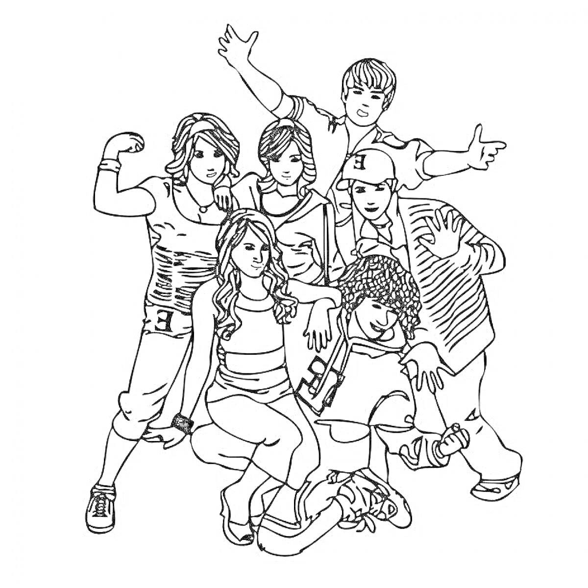 Раскраска группа подростков, позирующих вместе, некоторые показывают мускулы, некоторые стоят или сидят в спортивных позах, один подросток в кепке