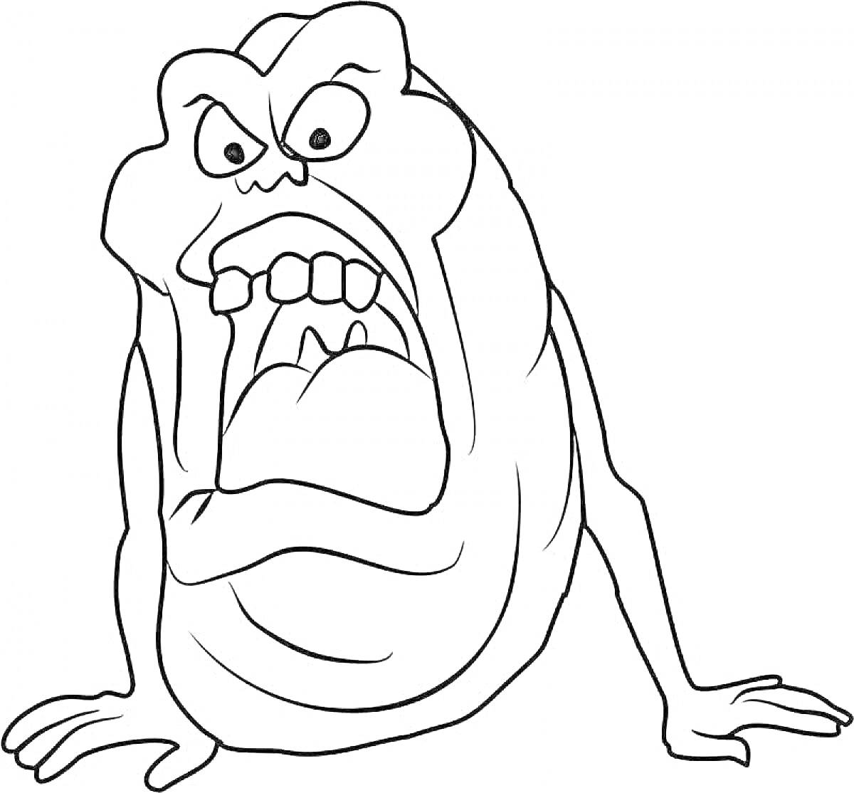 Раскраска лизун с гневным выражением лица, показан в позе, сидя на полу, с открытым ртом и зубами, с вытянутыми руками