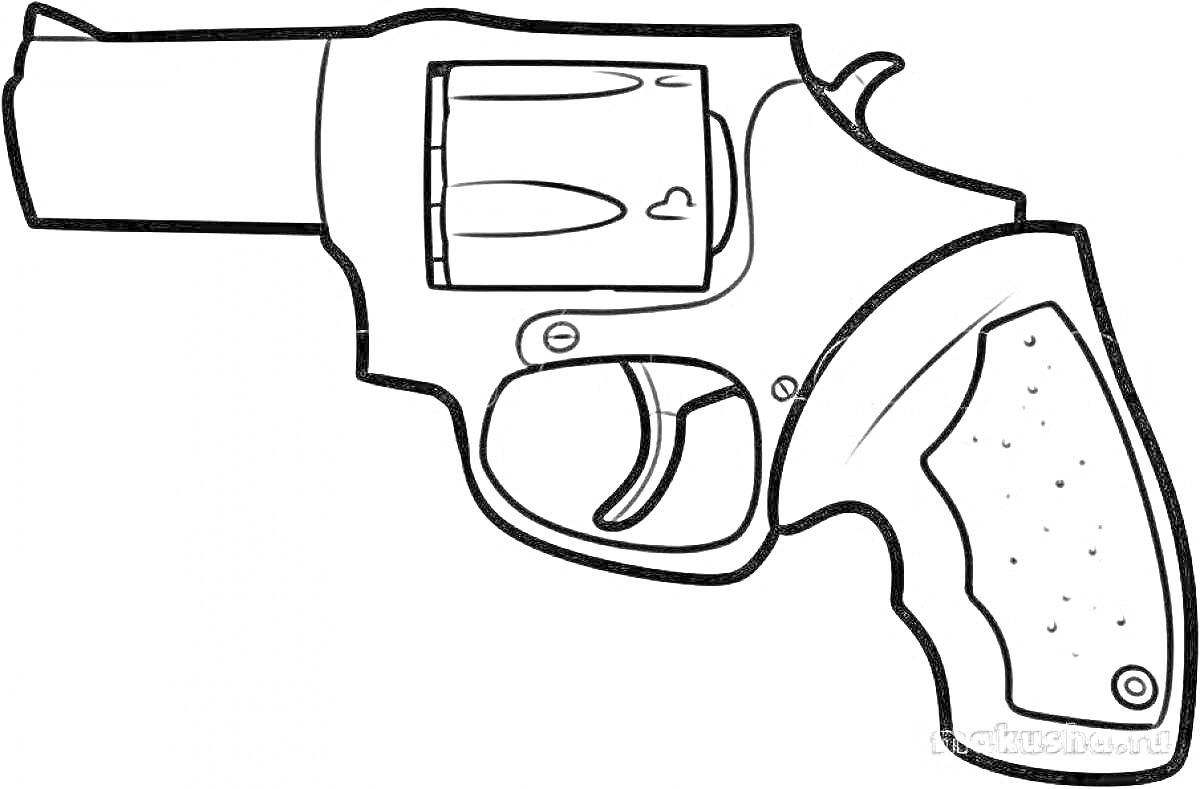 На раскраске изображено: Револьвер, Оружие, Пистолет, Рукоятка, Контурные рисунки