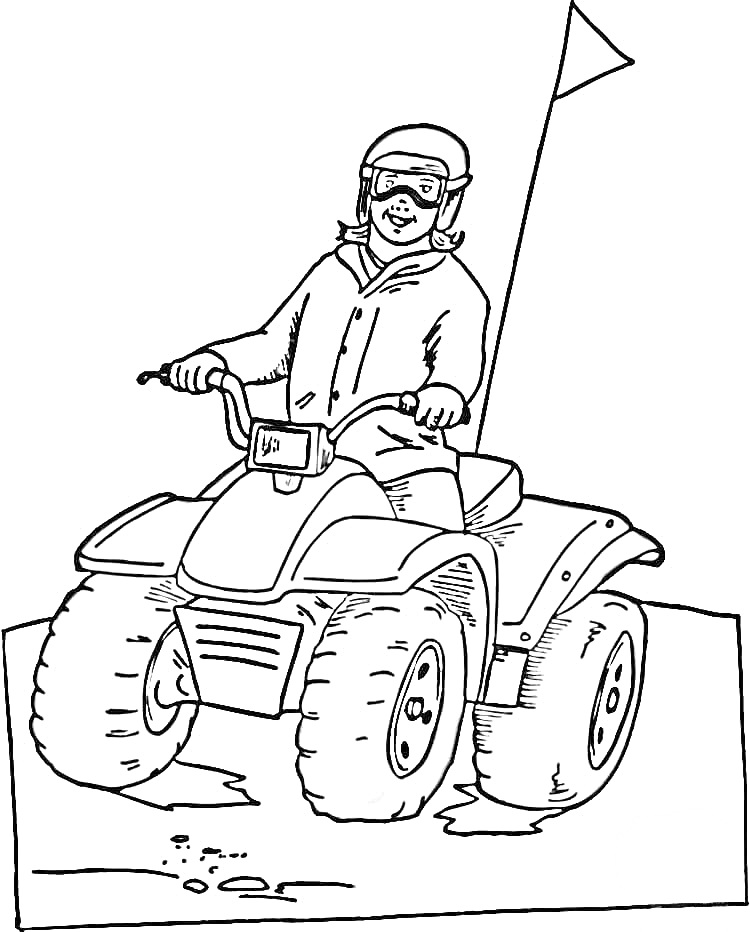 На раскраске изображено: Квадроцикл, Человек, Защитная экипировка, Гонки, Транспорт, Развлечения, Флаг, Шлемы, Колеса