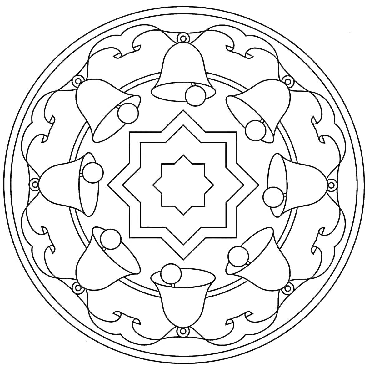 Раскраска орнамент в круге с колоколами и абстрактными узорами