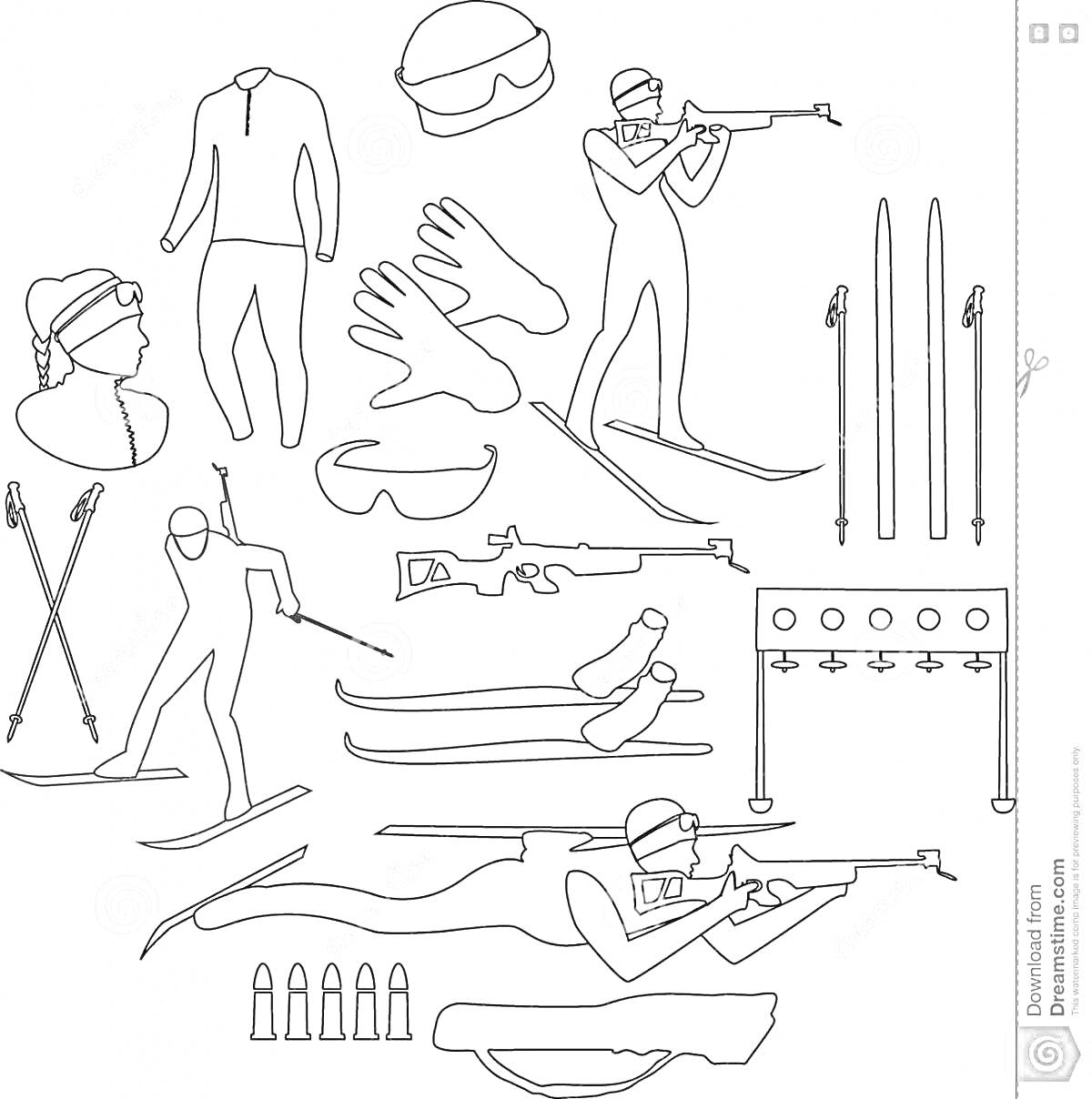 биатлонист в разных позах, одежда биатлонистов, оружие, мишени, лыжи, палки, пули, очки, перчатки