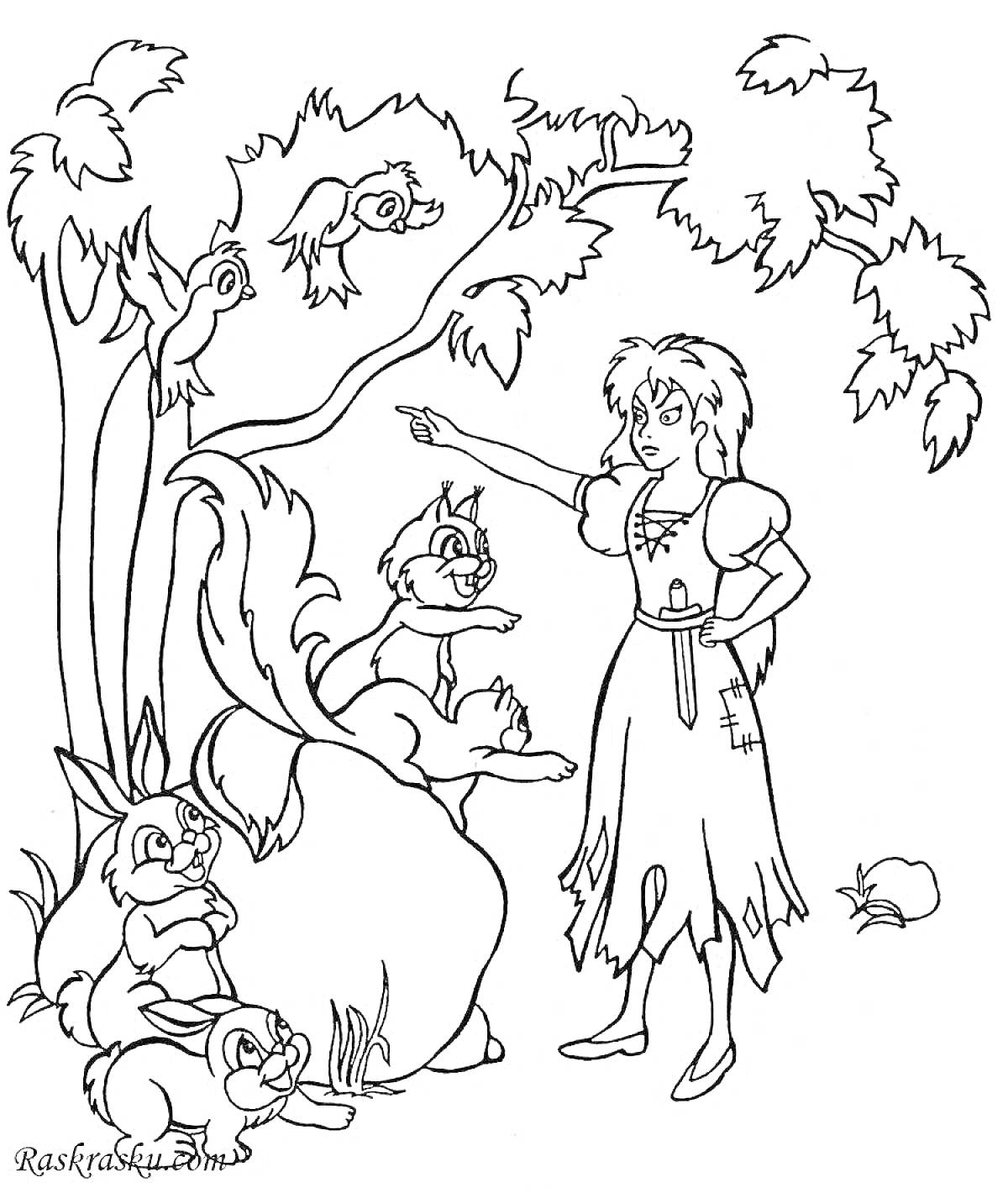 На раскраске изображено: Герда, Снежная королева, Лес, Зайцы, Природа, Деревья, Животные