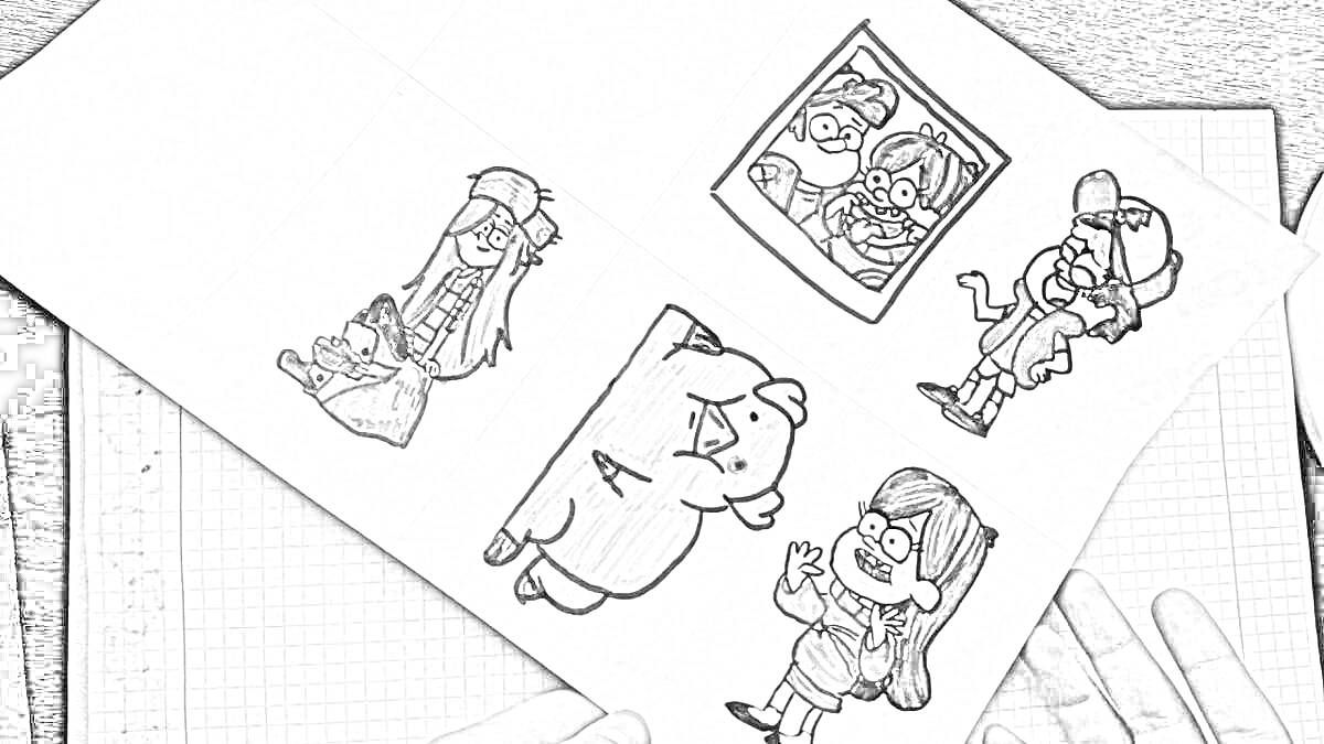 Раскраска с персонажами в стикерах, изображающая мультфильных героев в различных позах: стоящий персонаж в шляпе, персонаж с фотоаппаратом, пара фотографий в рамке, персонаж в костюме животного и персонаж, поднимающий руку.