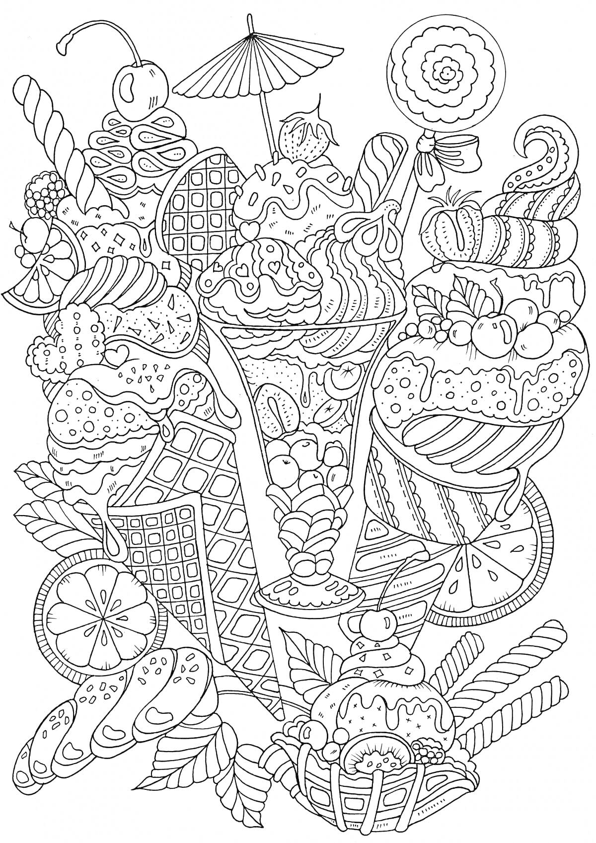 Раскраска Сложное мороженое с вафлями, пирожными, вишнями, дольками апельсина, украшениями и полосатыми соломками