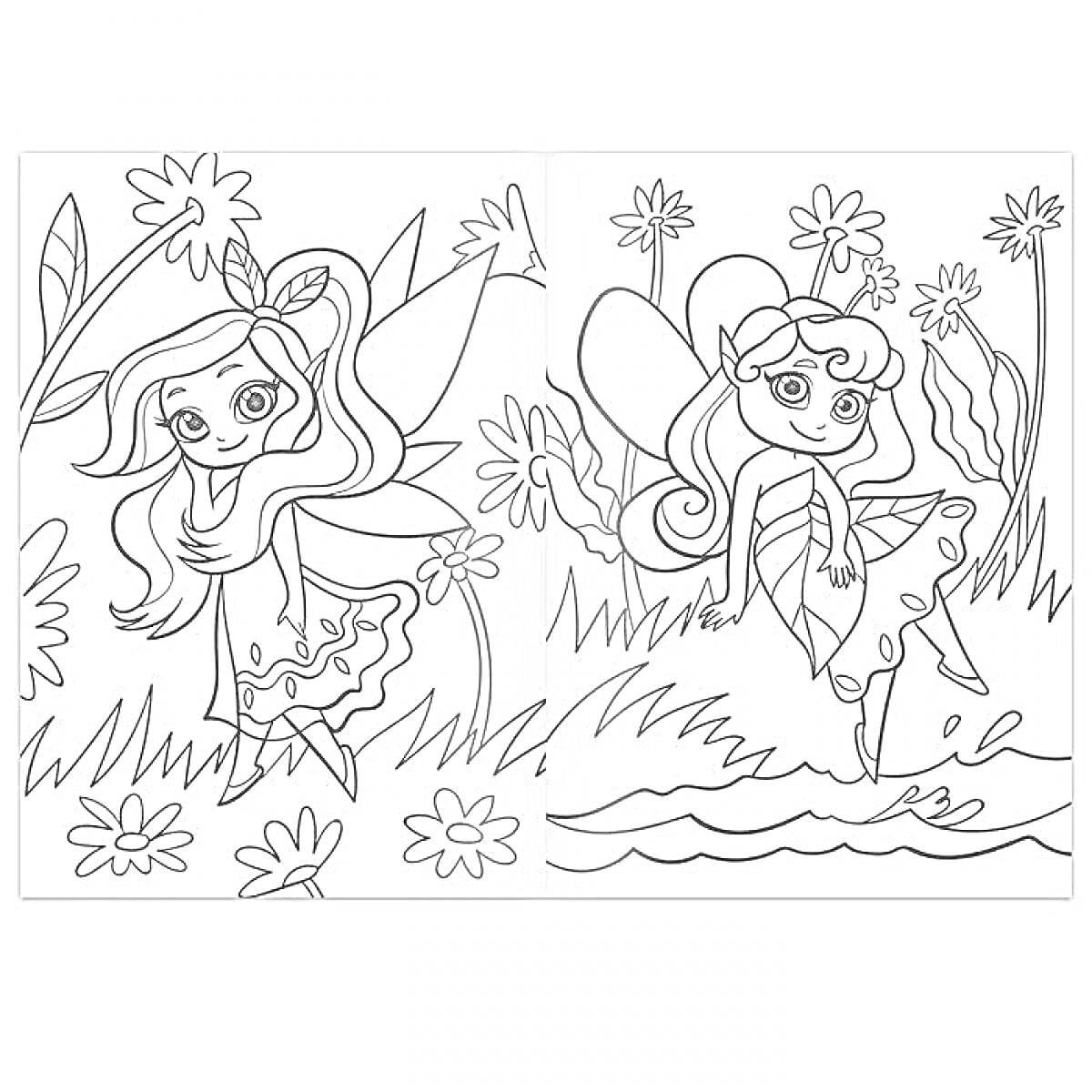 На раскраске изображено: Феи, Цветы, Сад, Река, Крылья, Трава, Природа