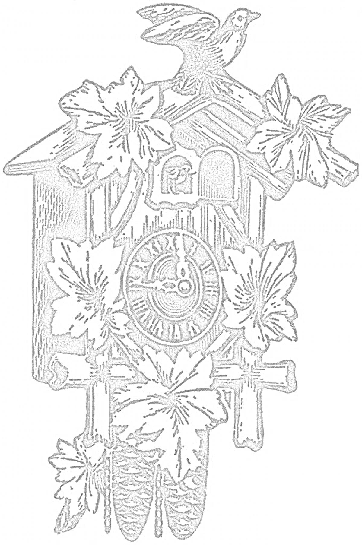 На раскраске изображено: Часы с кукушкой, Цветы, Шишки, Птица
