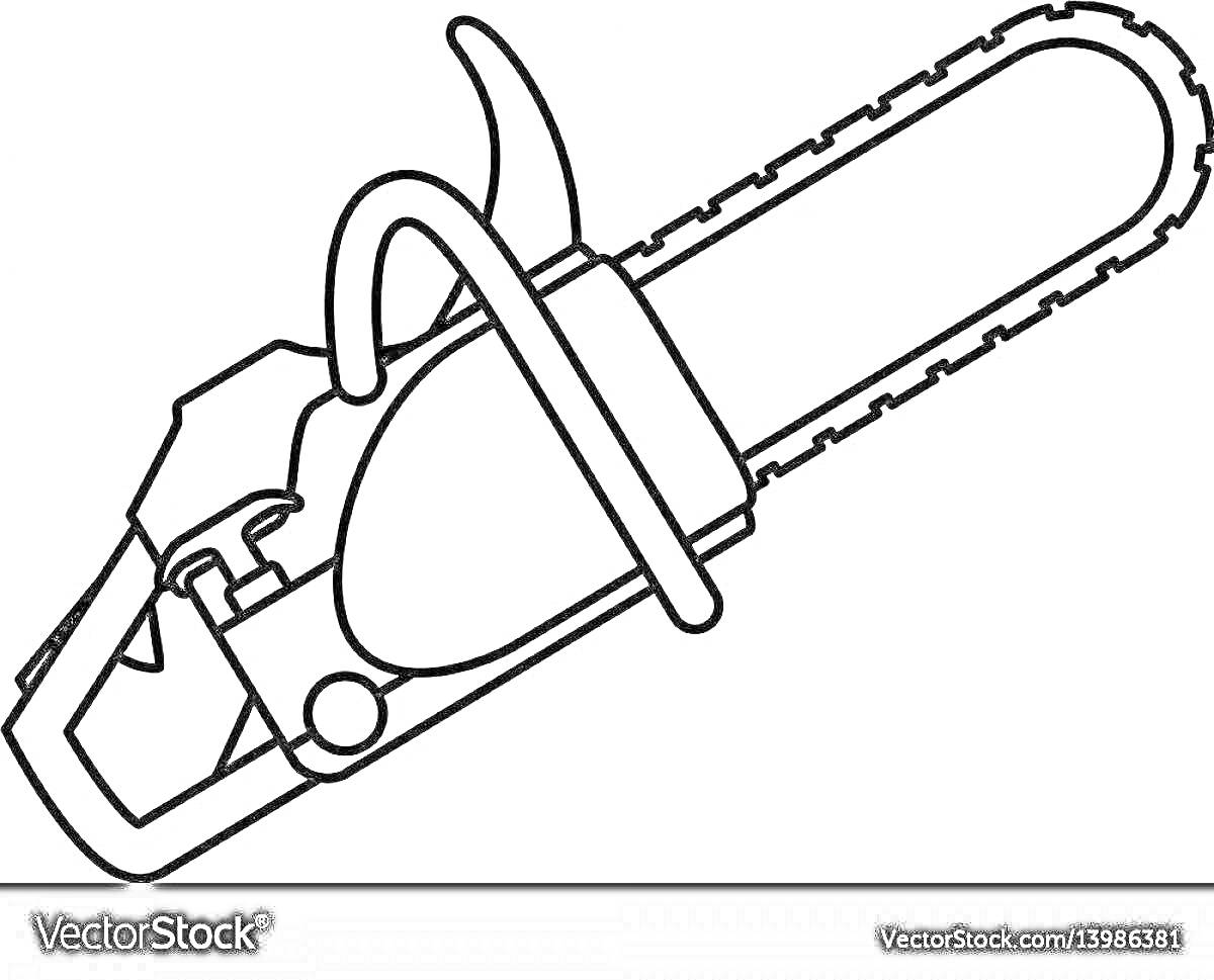 Раскраска Раскраска с изображением бензопилы с передней и задней ручками, цепью и корпусом