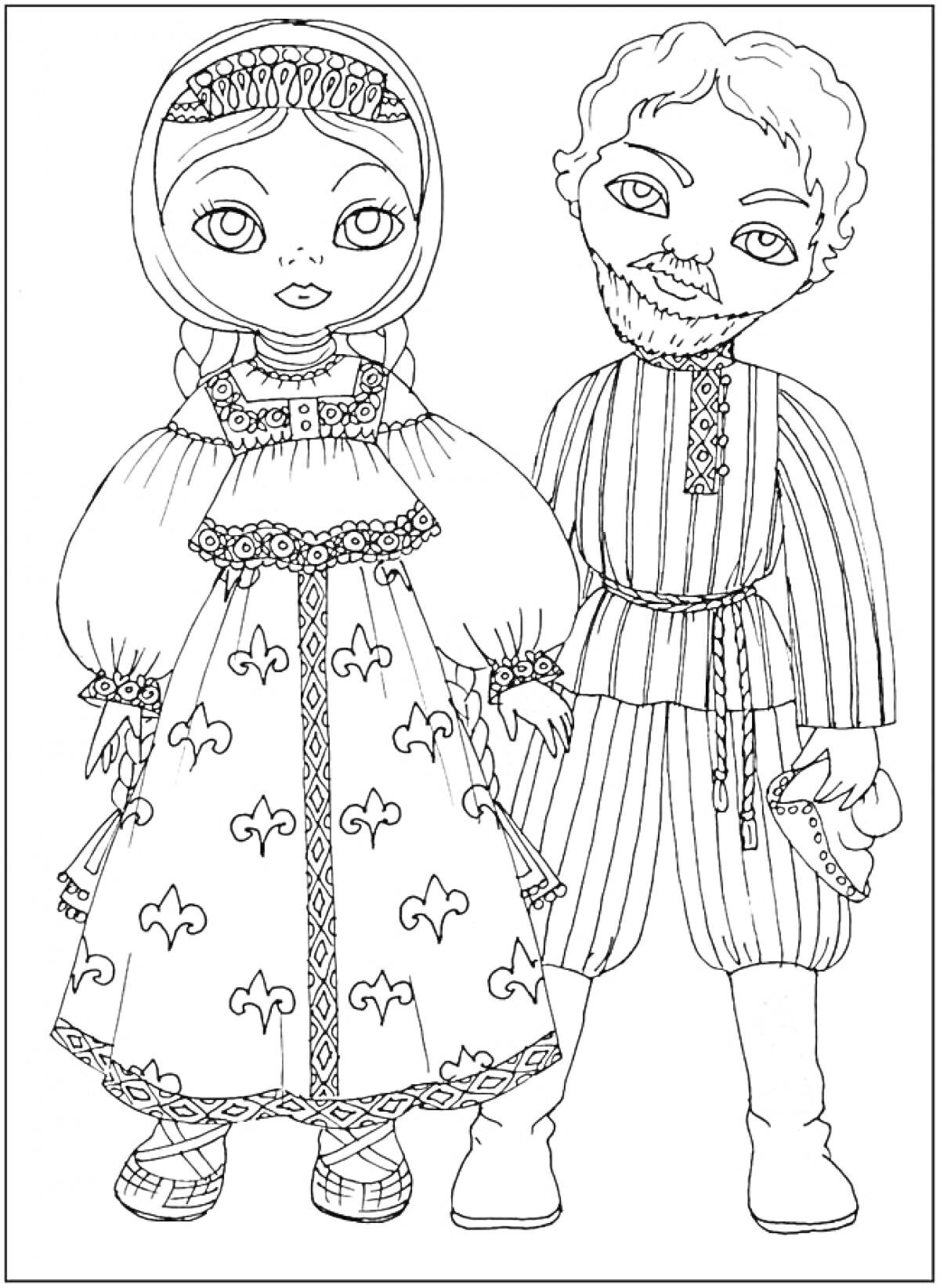 Раскраска Дети в традиционных костюмах, девочка в платье с народным орнаментом и косичками, мальчик в полосатой рубахе с поясом и шароварах