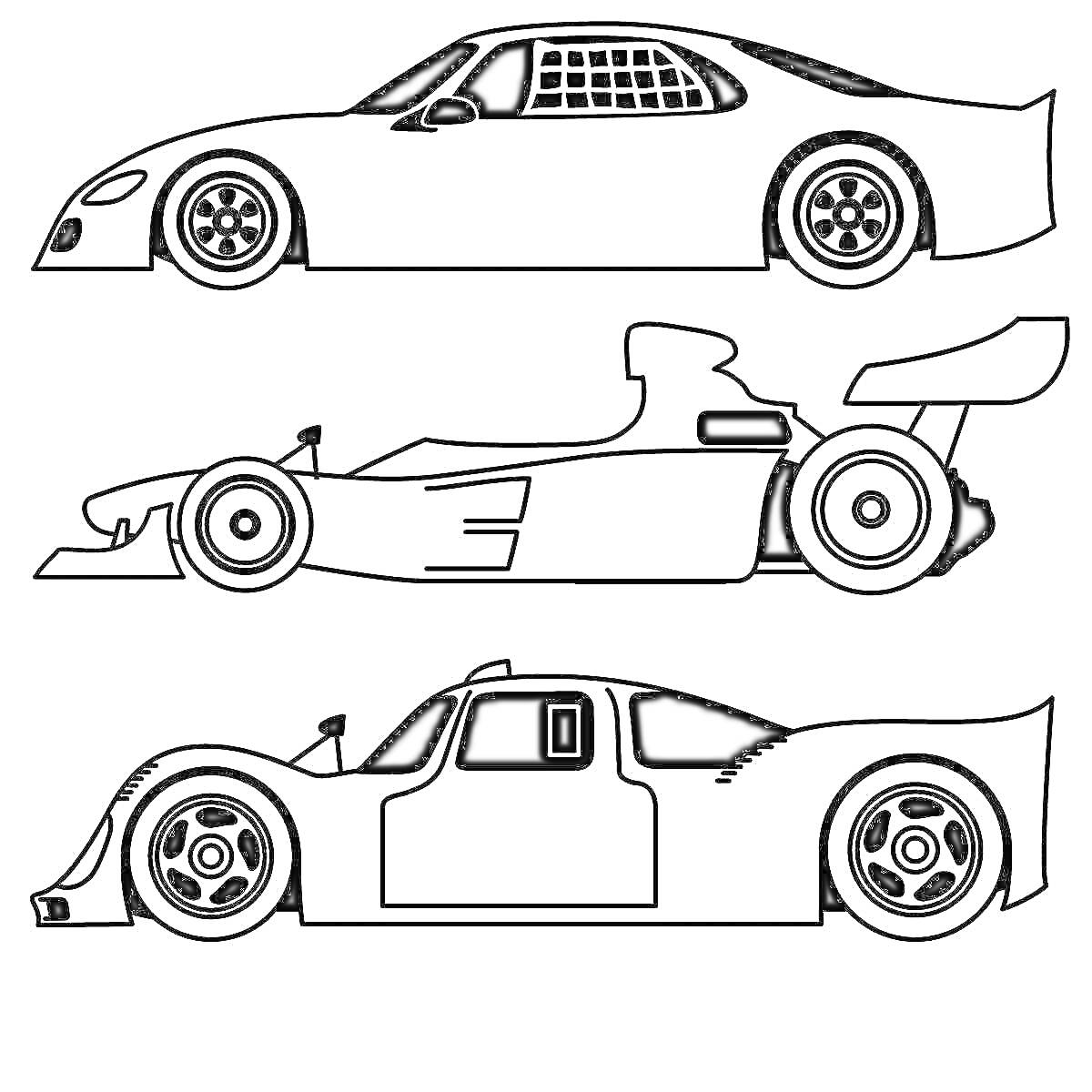 Три гоночных автомобиля (гладкий гоночный автомобиль, автомобиль Формулы-1, спортивный автомобиль с дверьми)