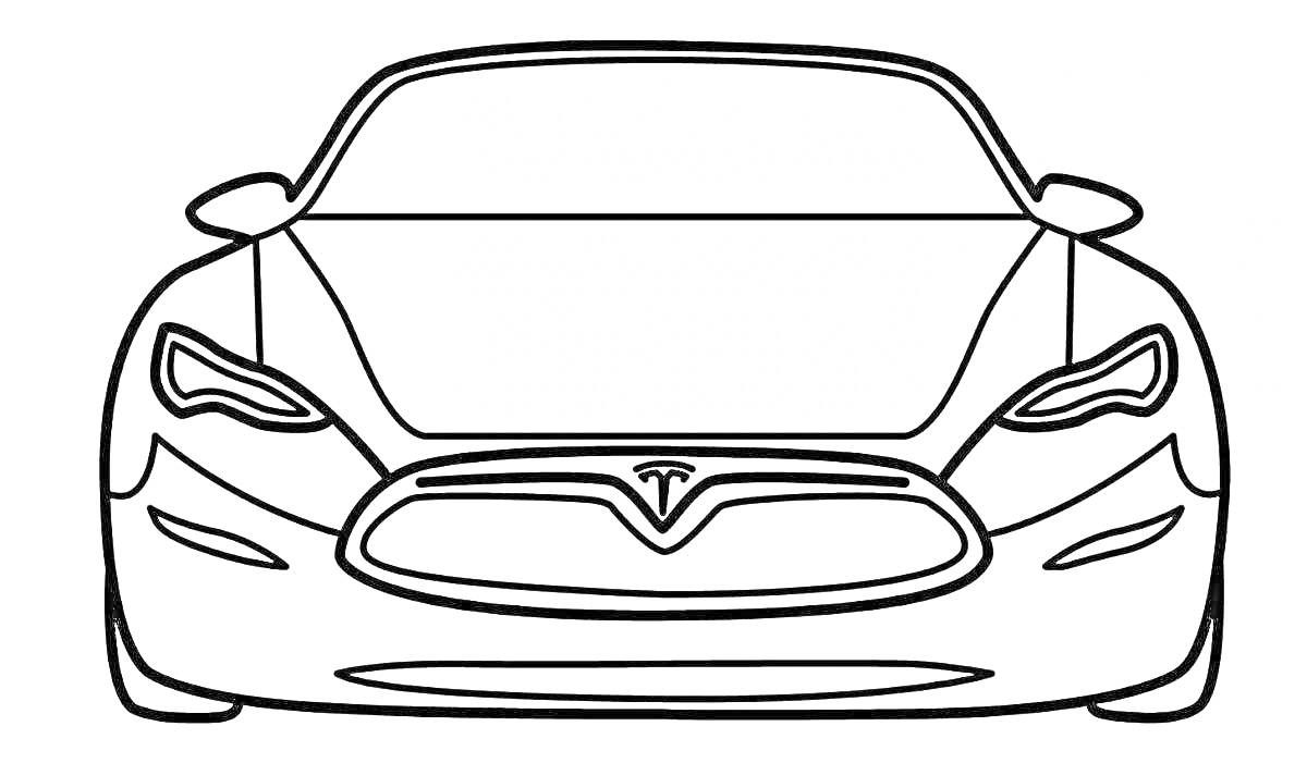 Раскраска Фронтальная часть автомобиля Tesla с деталями передней решетки, фар и боковых зеркал.