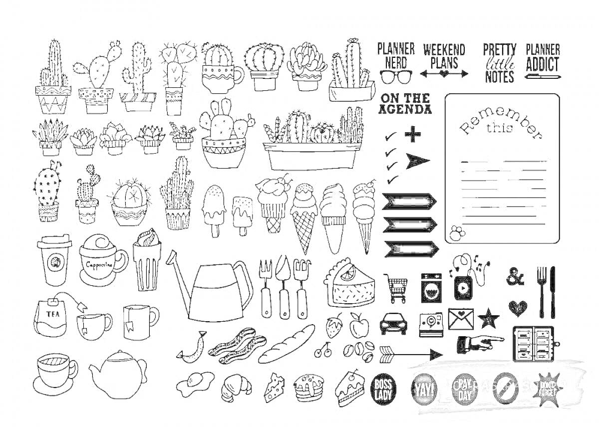 На раскраске изображено: Кактусы, Растения, Мороженое, Кофе, Посуда, Нож, Вилка, Ложка, Хлеб, Фрукты, Овощи, Планер, Записки, Маркеры