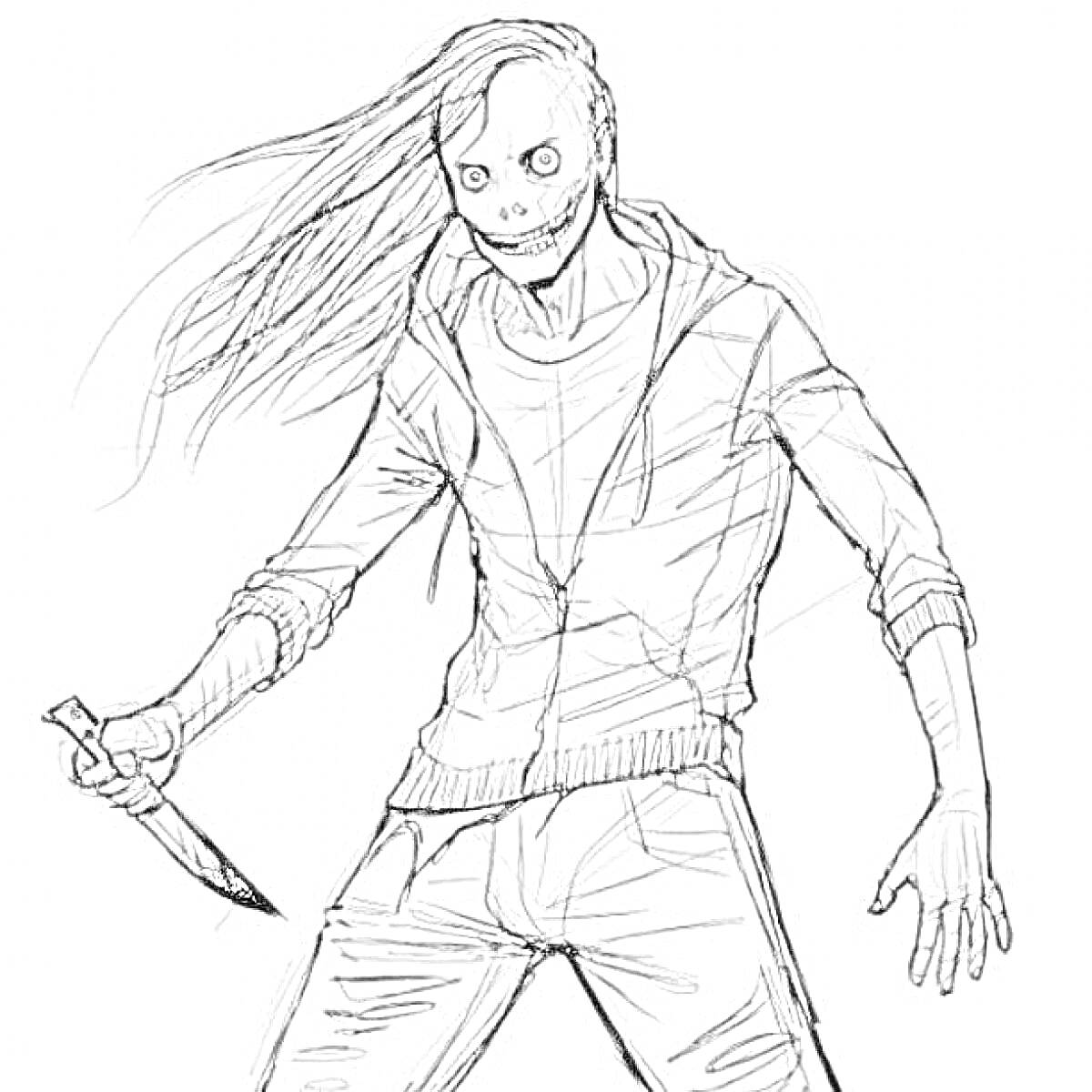 Раскраска Человек с длинными волосами и маской, держащий нож