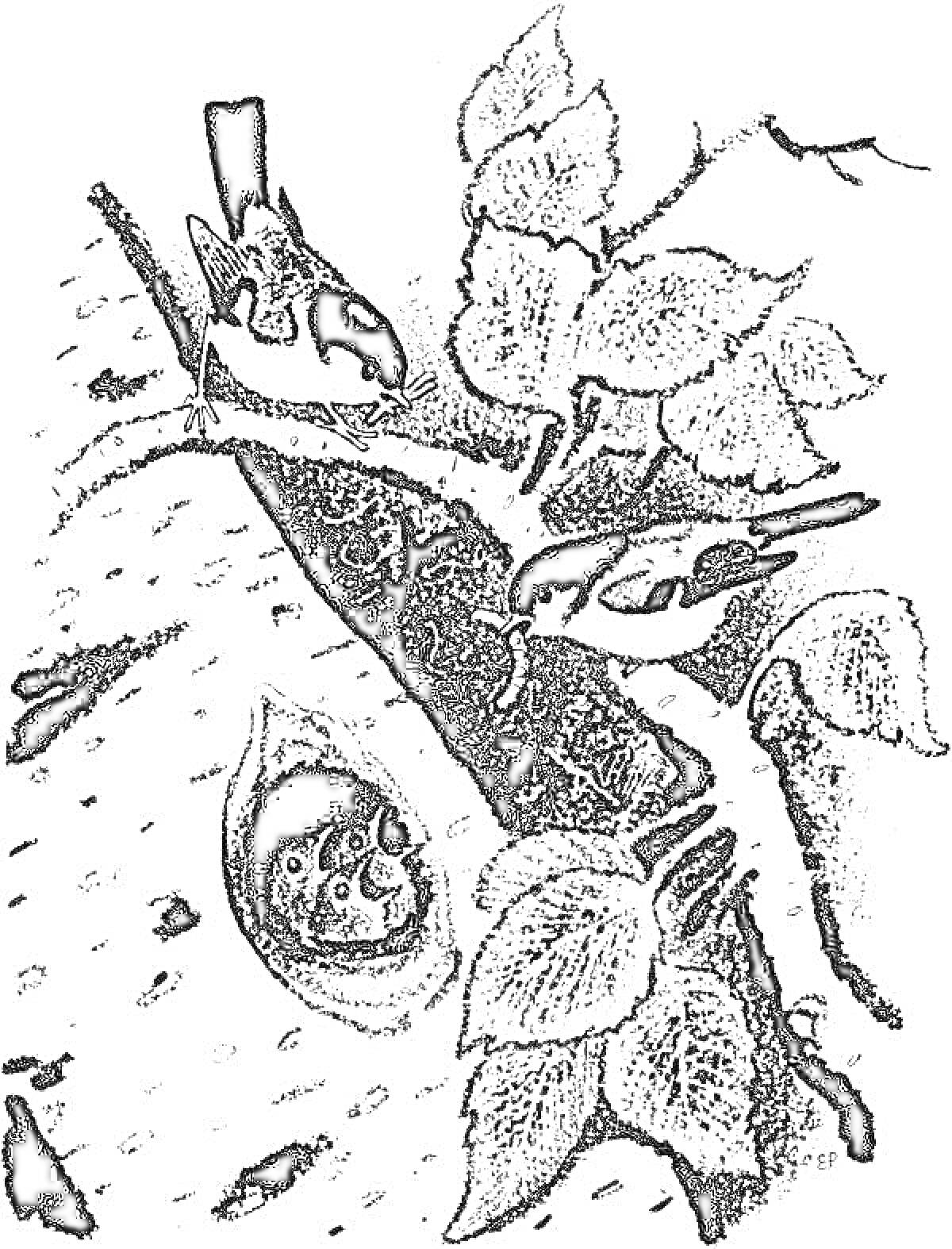 Раскраска Птицы у гнезда на ветке дерева с листьями