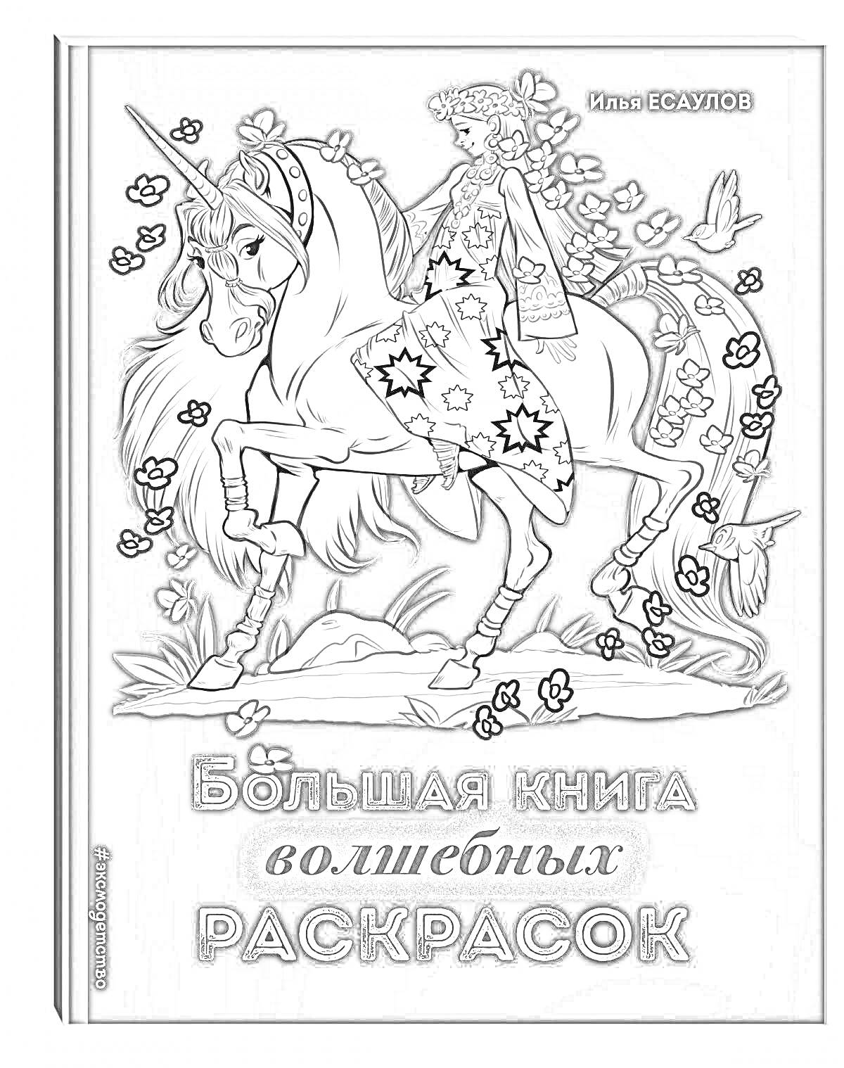 Раскраска Большая книга волшебных раскрасок - женщина в короне на единороге с цветами, луговыми травами и бабочками
