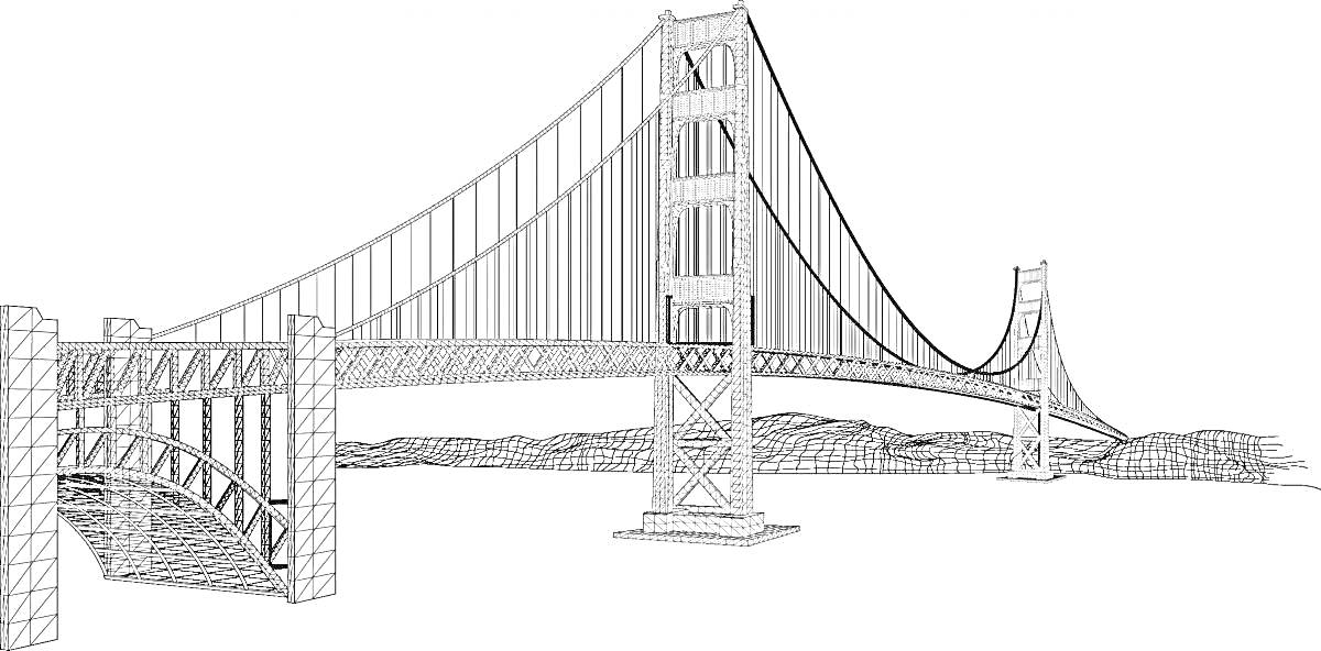 На раскраске изображено: Мост, Золотые ворота, Опоры, Пейзаж, Архитектура, Конструкция