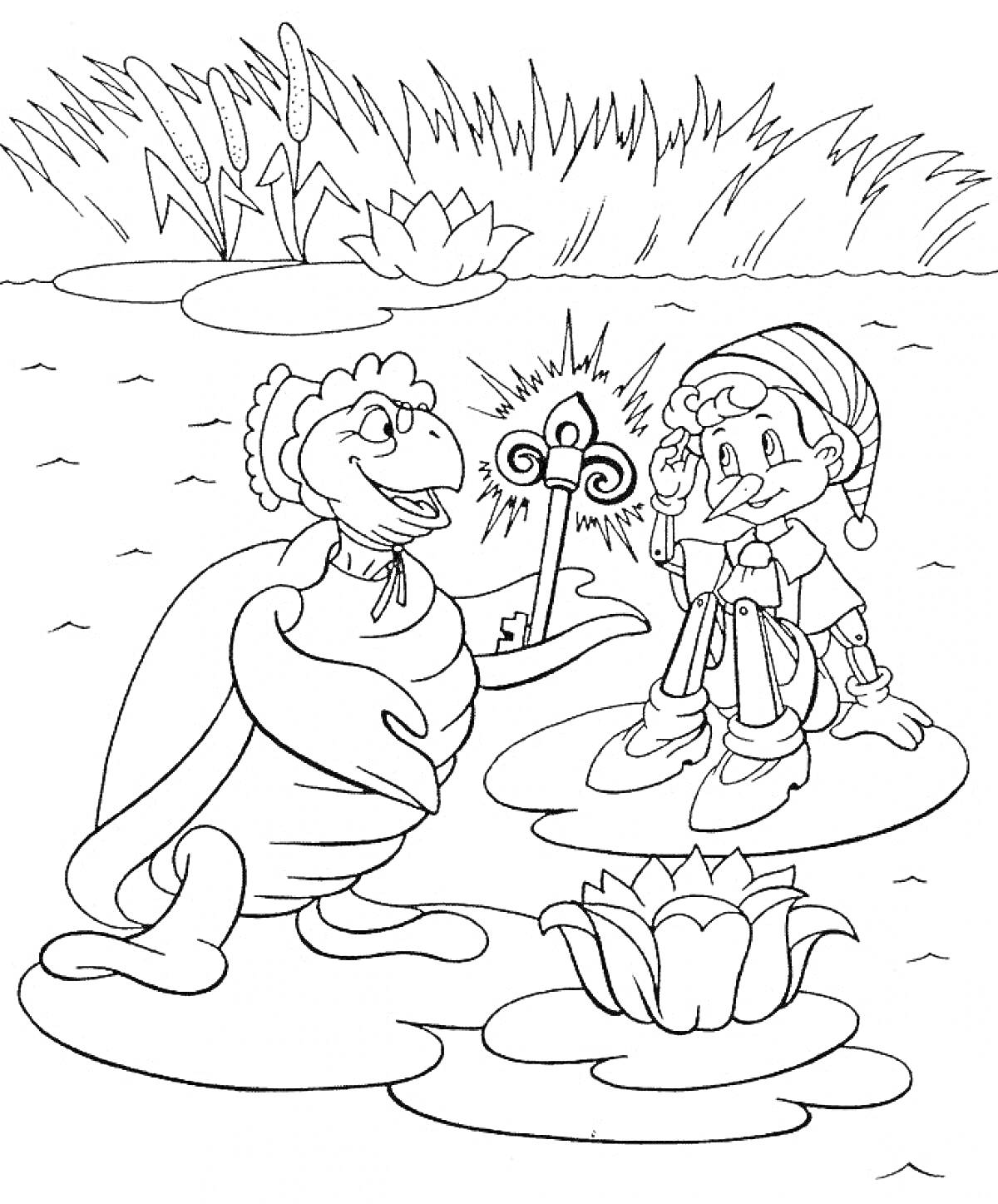 Раскраска Черепаха и мальчик в колпаке держат ключ на лилии вблизи болота с кувшинками и травой