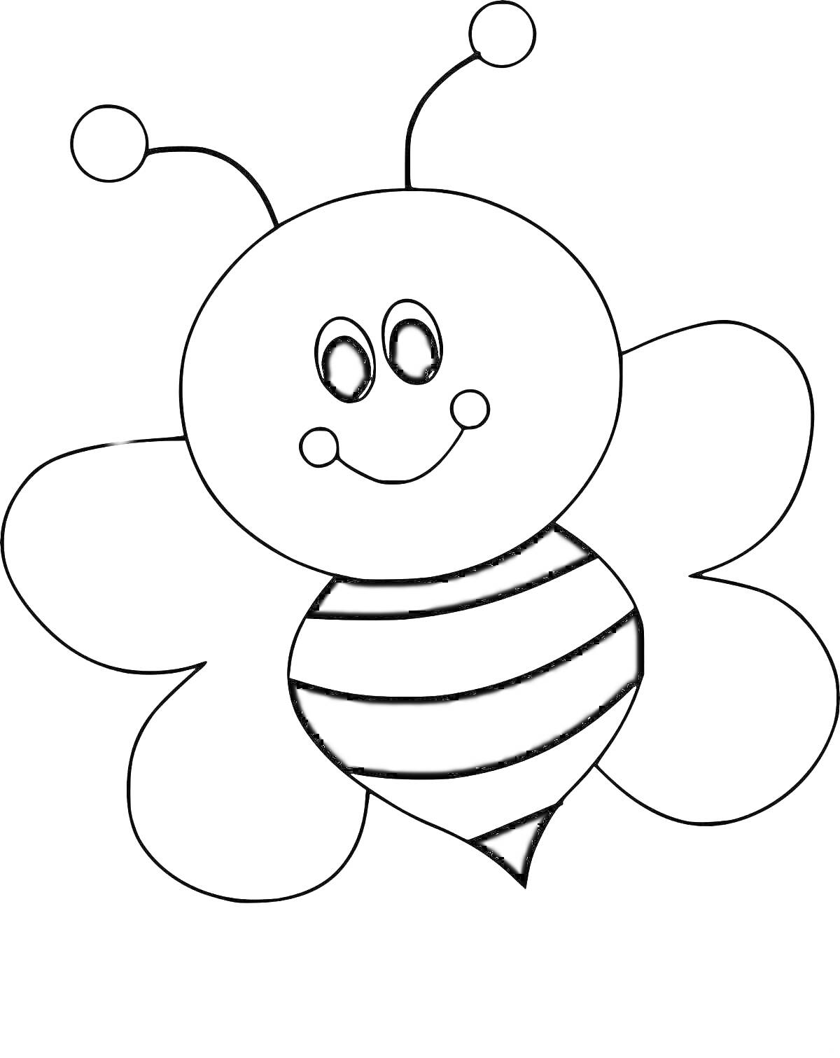 На раскраске изображено: Пчелка, Улыбка, Крылья, Антенны, Для детей