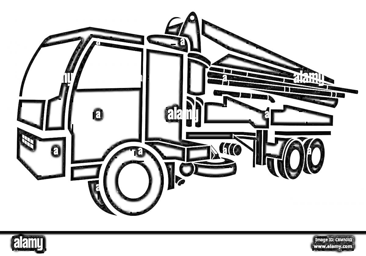 На раскраске изображено: Бетононасос, Строительная техника, Насос, Шасси, Стрела, Колёса, Спецтехника