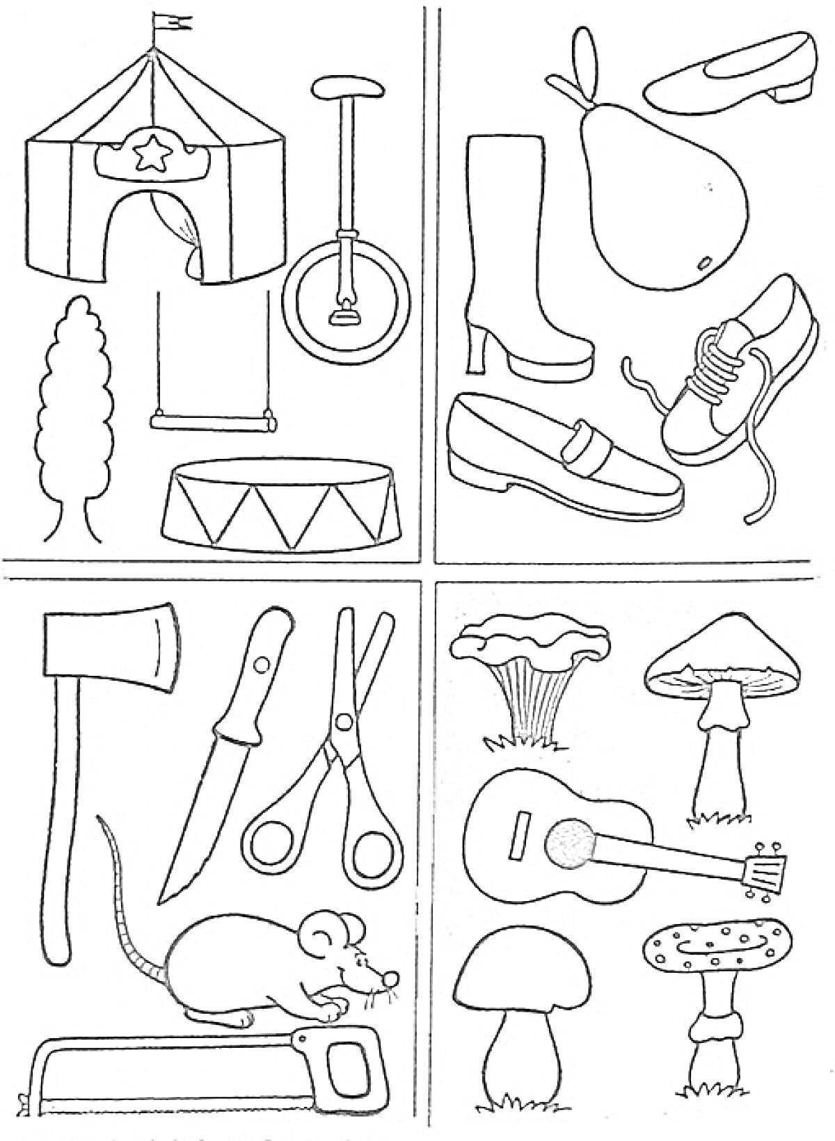 Цирк, обувь и фрукты, инструменты, грибы и музыкальные инструменты