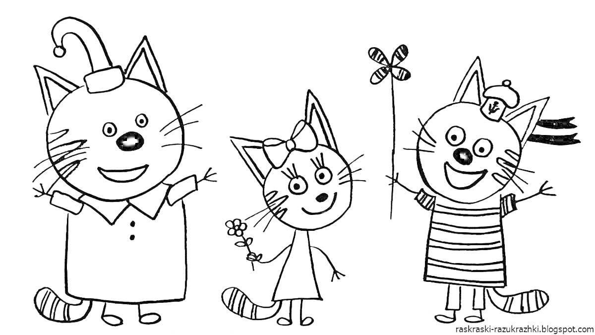 На раскраске изображено: Три кота, Халат, Шапка, Полосатая майка, Для детей, Цветы, Бант, Кот, 4-5 лет