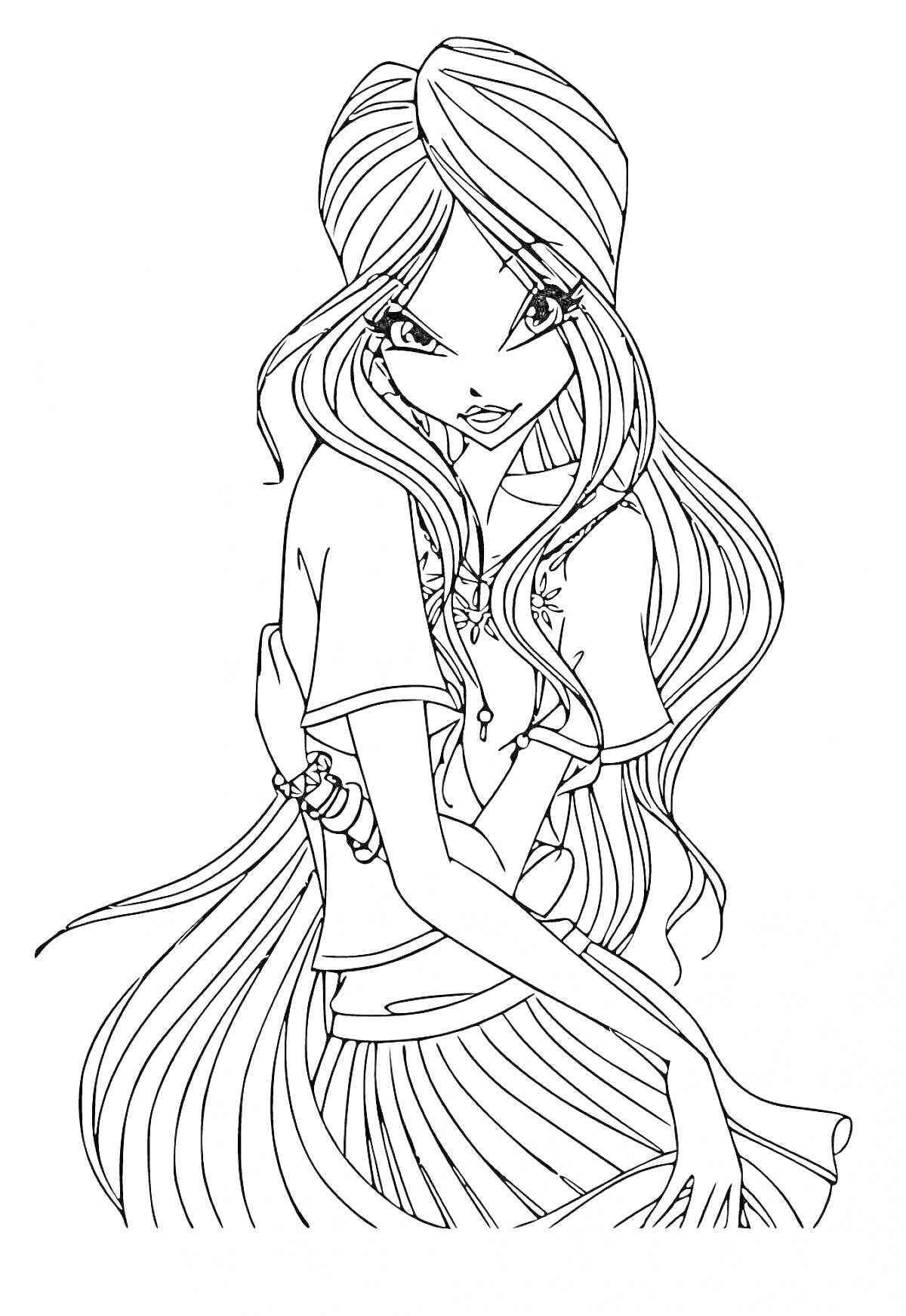 Раскраска Девушка с длинными распущенными волосами, в футболке и юбке, раскраска