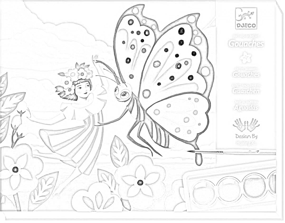 На раскраске изображено: Девочка, Бабочка, Цветы, Облака, Гуашь, Палитра, Djeco