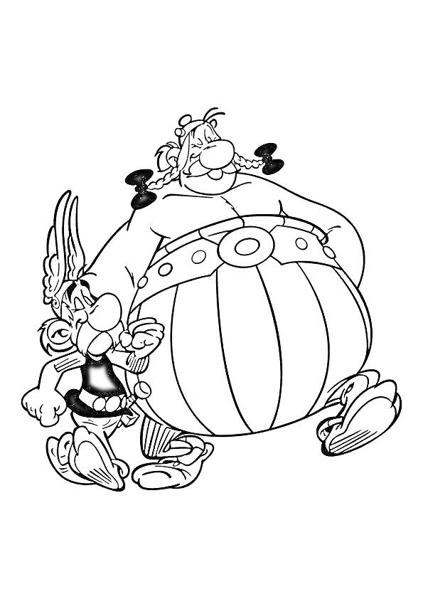 Раскраска Астерикс и Обеликс стоят рядом, Астерикс с крылатыми шлемом, Обеликс в полосатых брюках, оба персонажа улыбаются