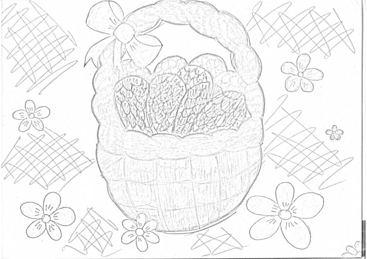 Раскраска Корзина с еловыми шишками, бантом и цветами на фоне