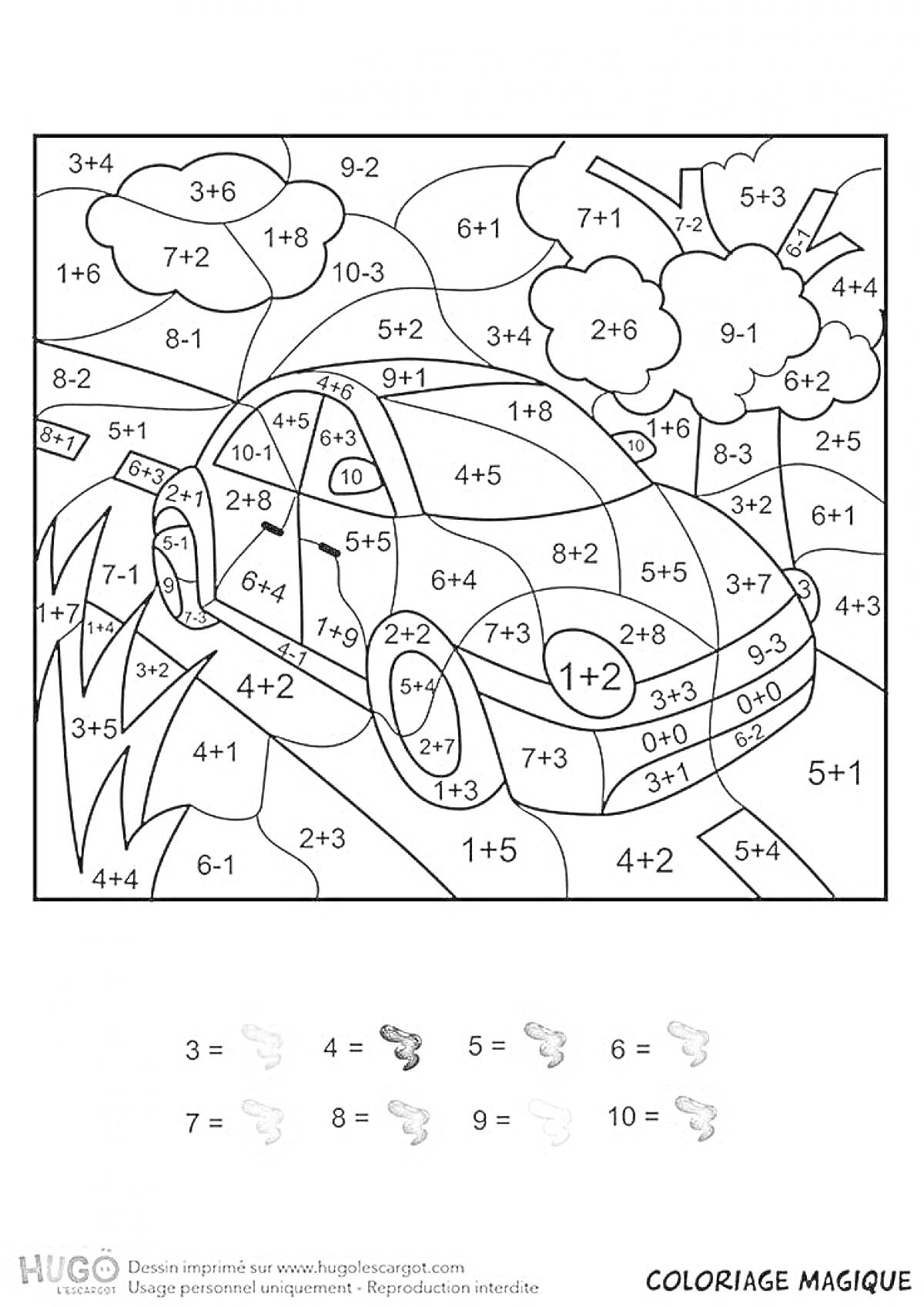 Машина на дороге с деревьями и облаками, математическая раскраска по номерам
