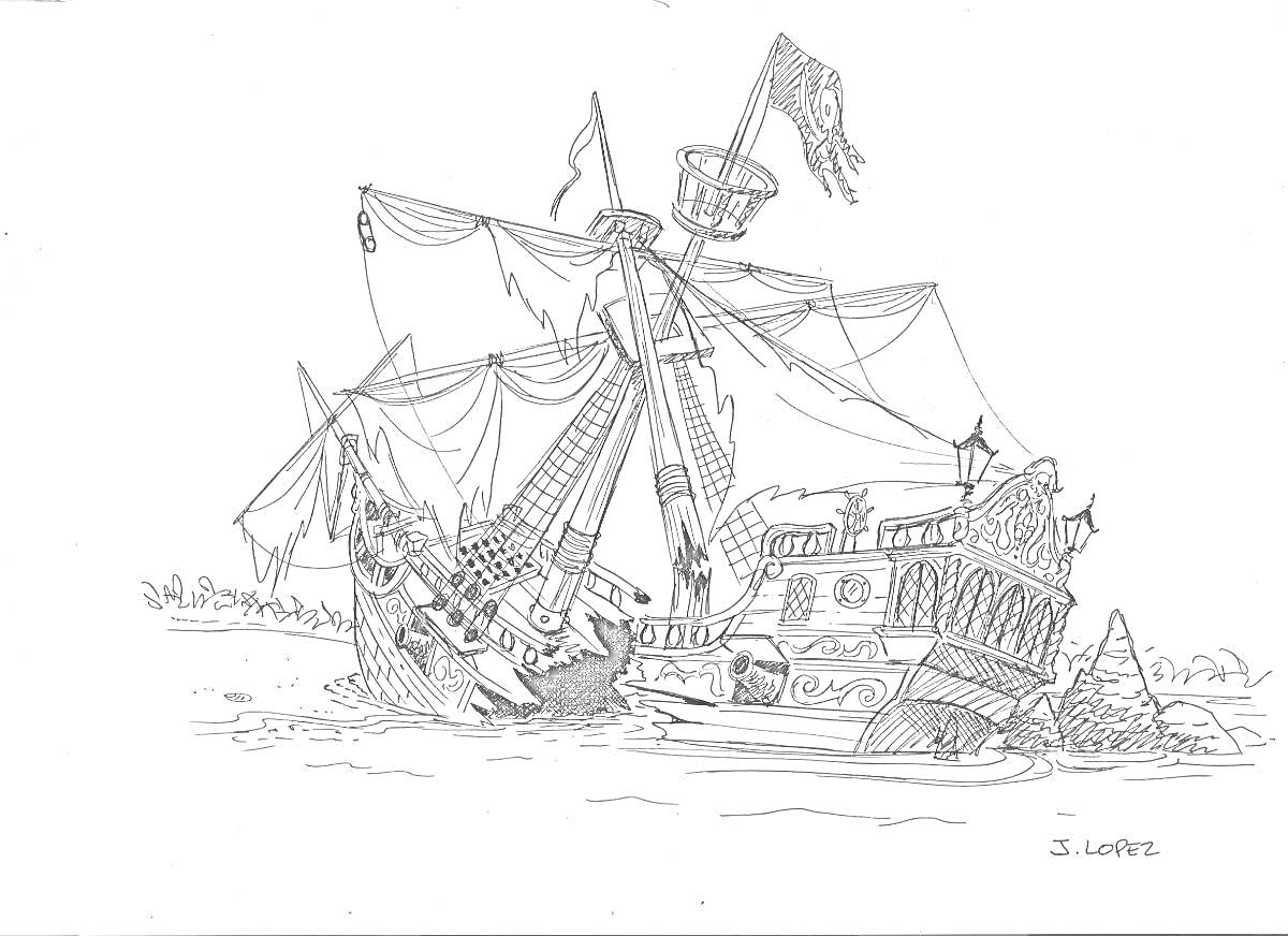 На раскраске изображено: Затонувший корабль, Паруса, Мачта, Вода, Флаг, Палуба, Море, Кораблекрушение