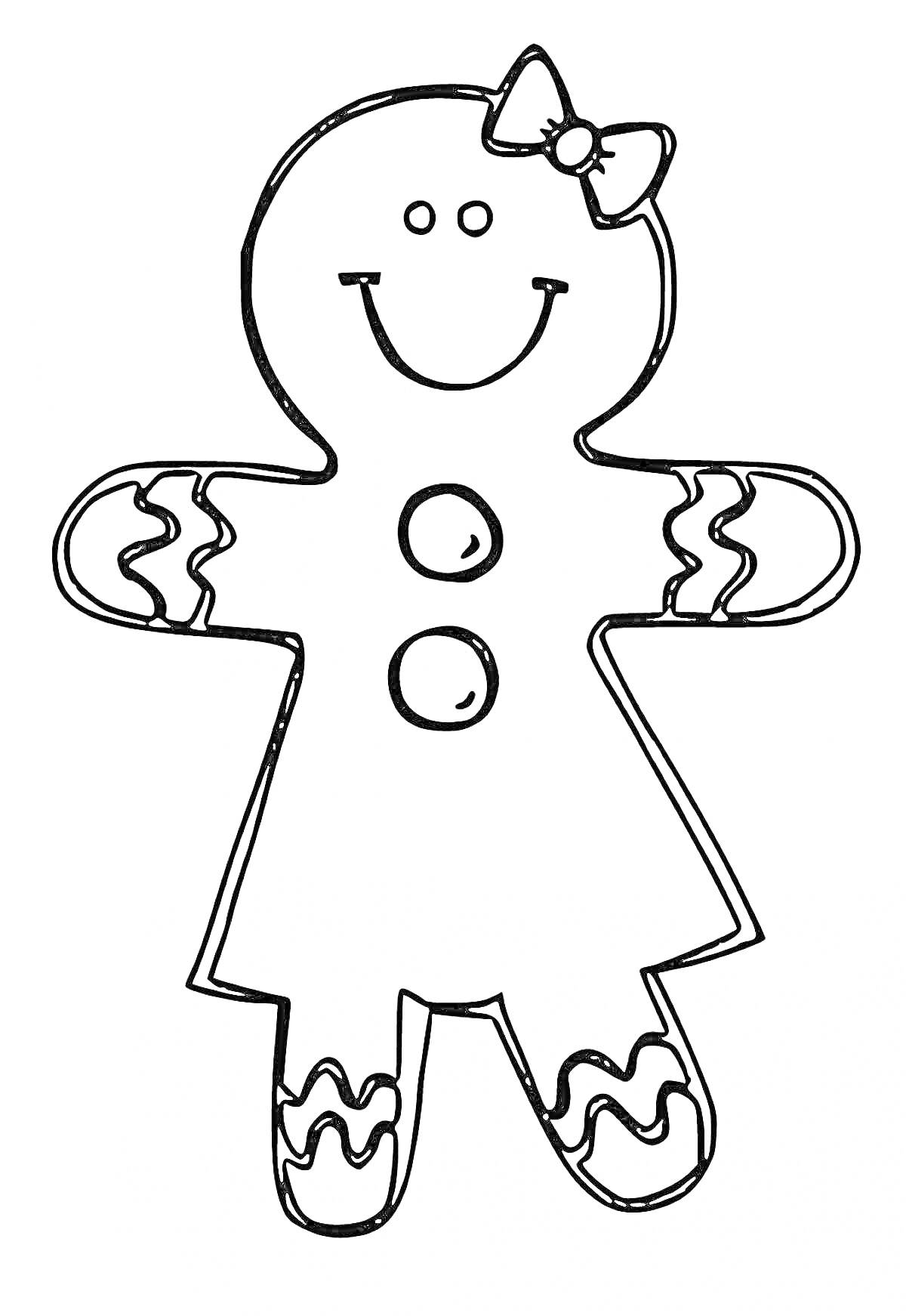 На раскраске изображено: Пряник, Пуговицы, Улыбка, Узоры, Руки, Ноги