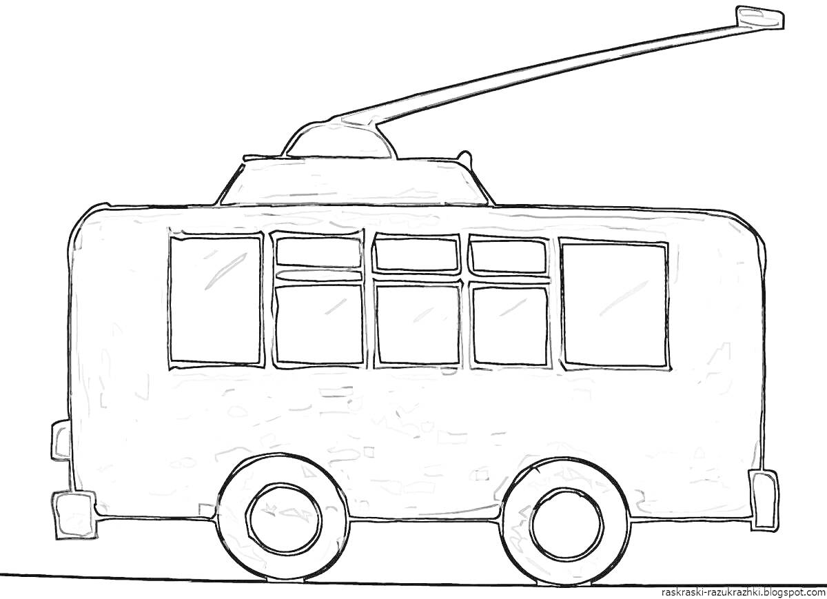 На раскраске изображено: Троллейбус, Транспорт, Окна, Колёса