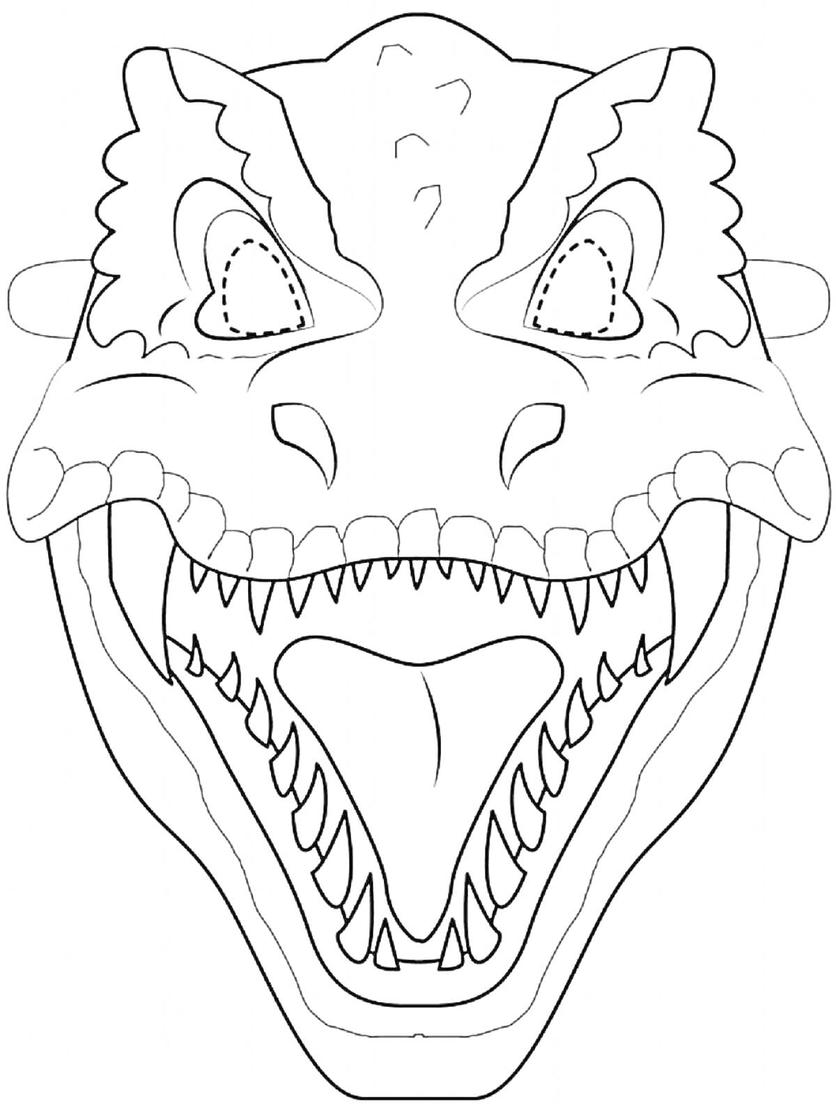 На раскраске изображено: Маска, Раптор, Динозавр, Острые зубы, Глаза, Пасть, Агрессивное выражение