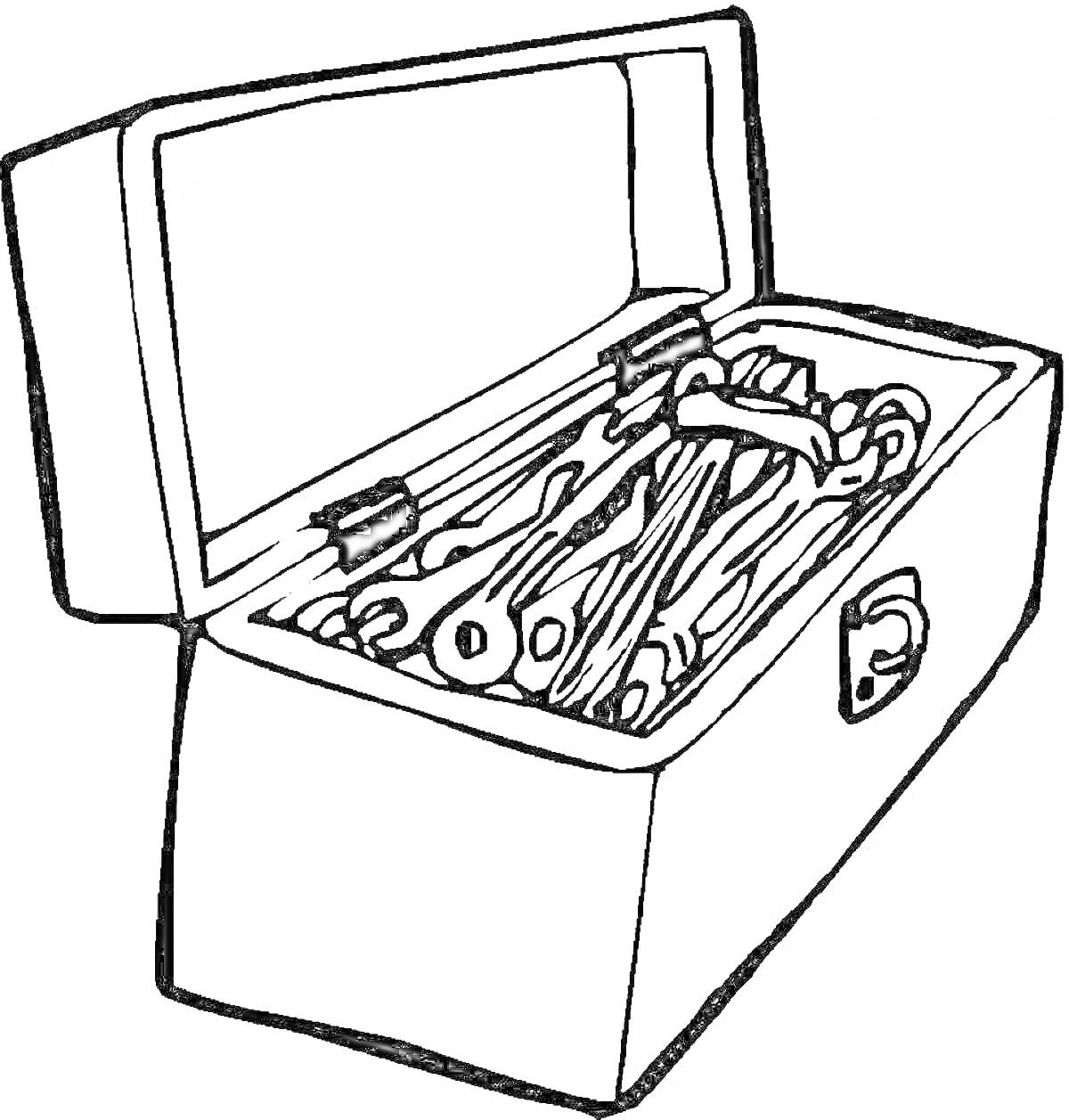 На раскраске изображено: Ключ, Ящики, Инструмент