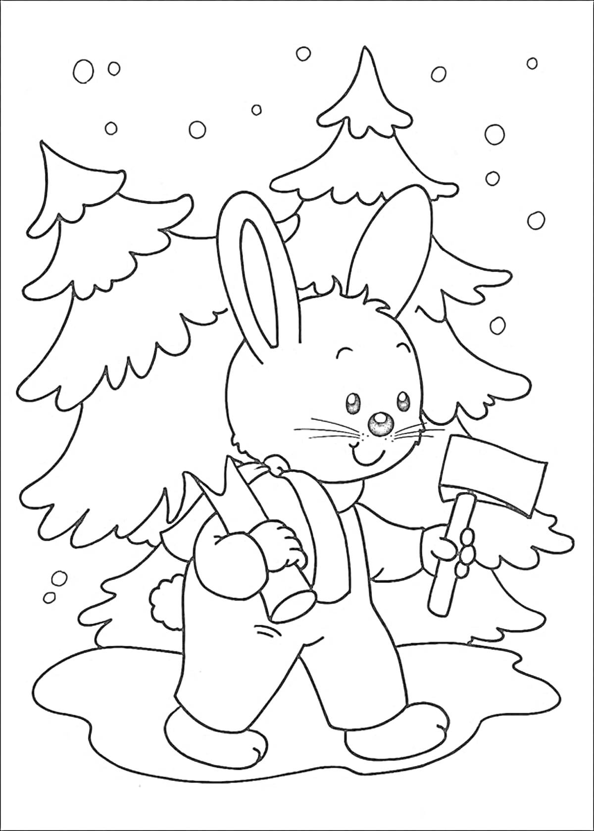 Раскраска Заяц с топором на снегу перед ёлками