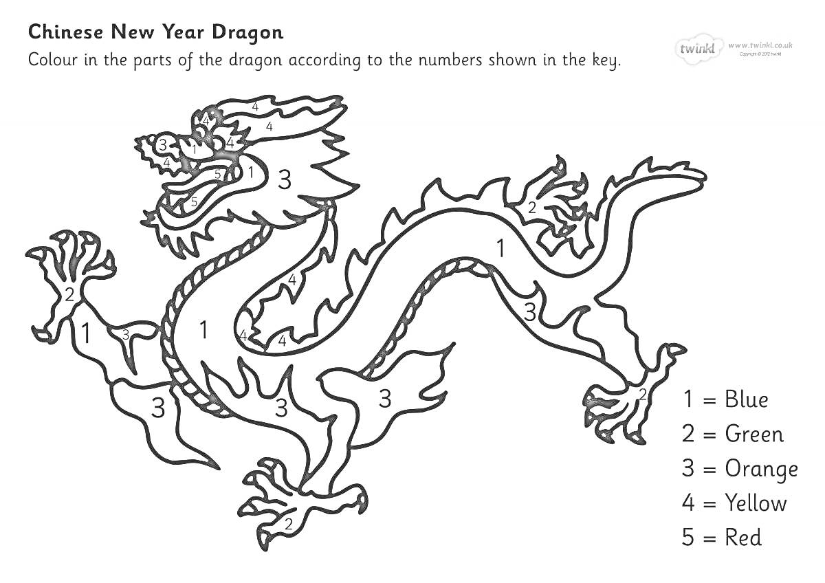 Раскраска Раскраска с китайским драконом, части которого необходимо раскрасить по номерам: туловище под номером 1 (синий), лапы и части гривы под номером 2 (зеленый), лапы и части гривы под номером 3 (оранжевый), лапы и части гривы под номером 4 (желтый), огонь (ил
