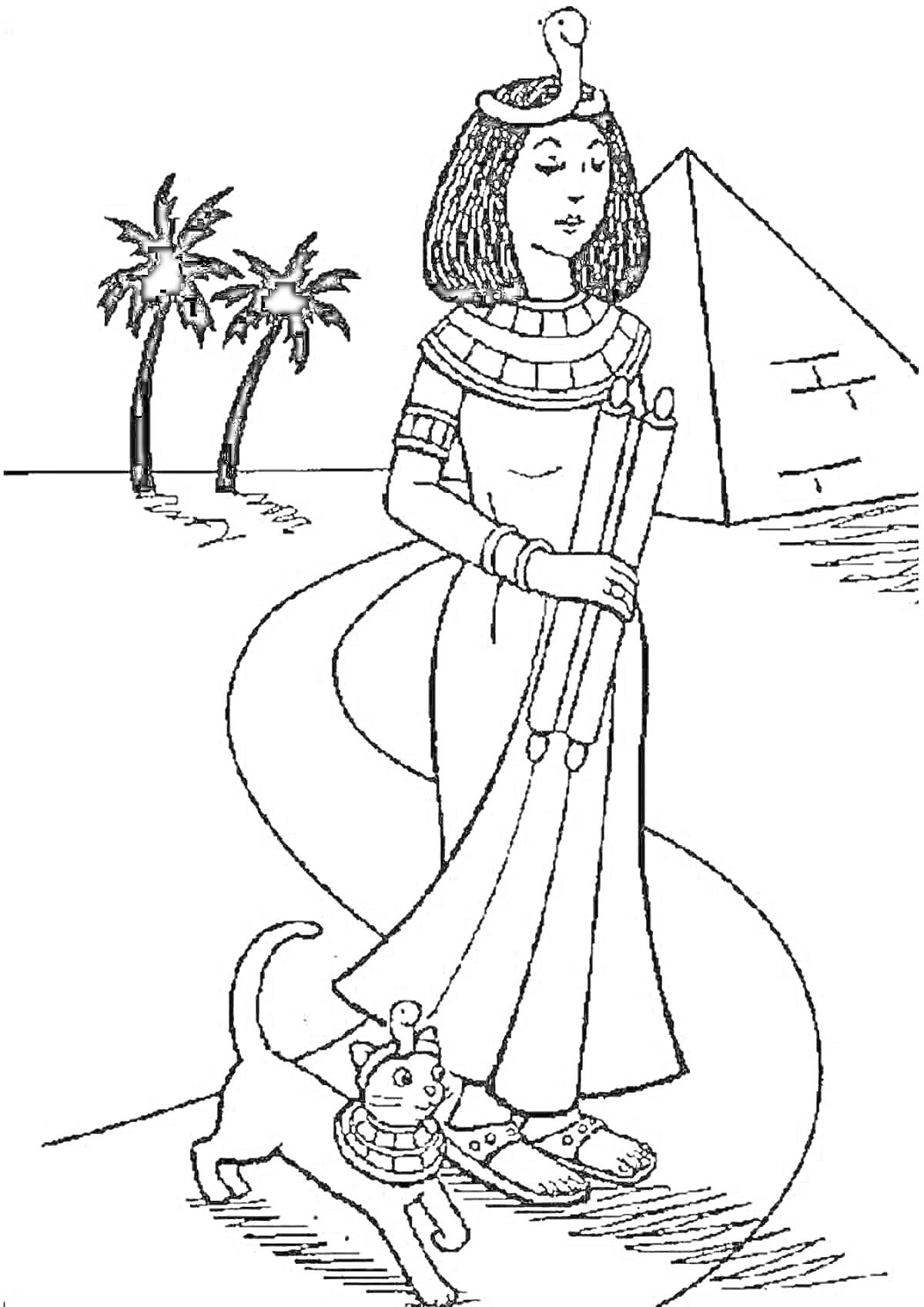 На раскраске изображено: Царица, Египет, Пирамида, Пальмы, Река, Древний Египет, Одежда, Сфинкс
