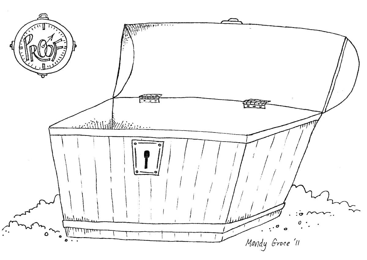 Раскраска Открытый сундук с замком и компасом