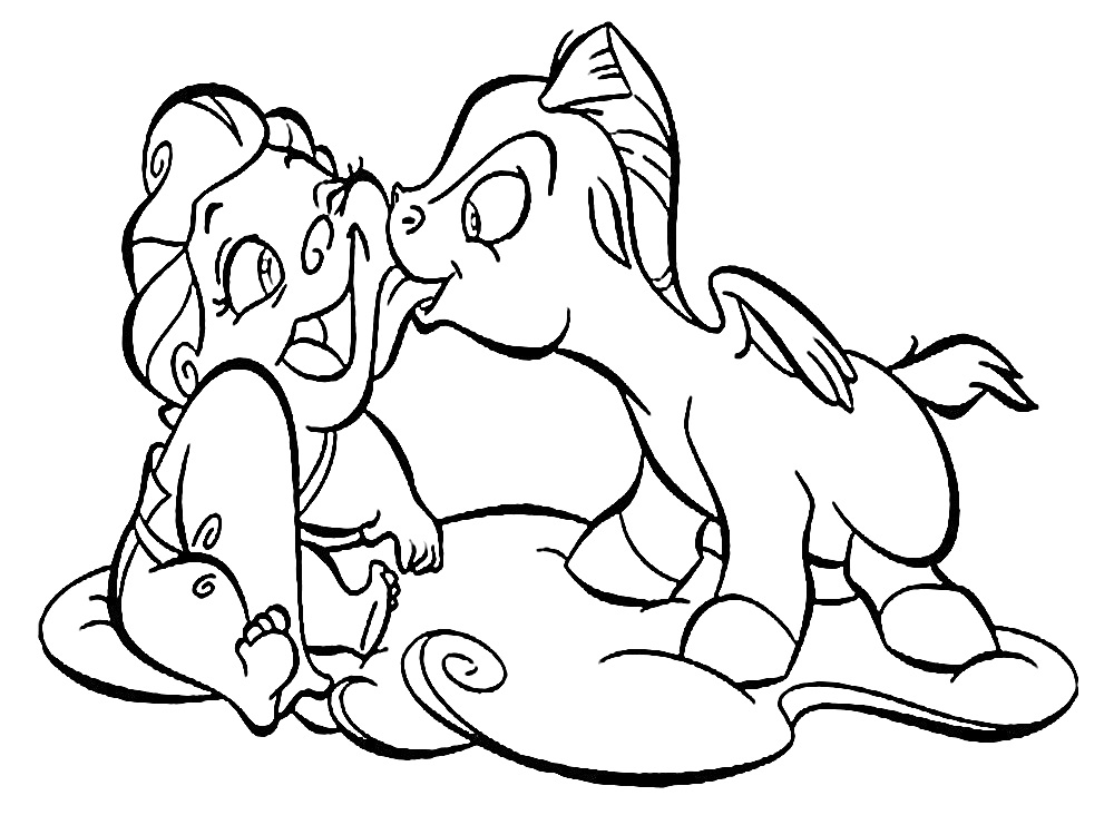 Раскраска Младенец и маленький крылатый конь, играющие на облаке