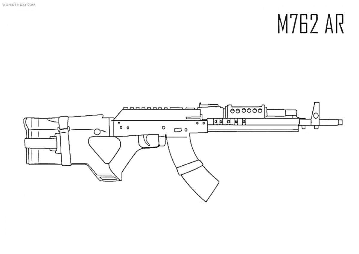 M762 AR автомат из майнкрафта, боковой вид, минималистичный контур, текст 