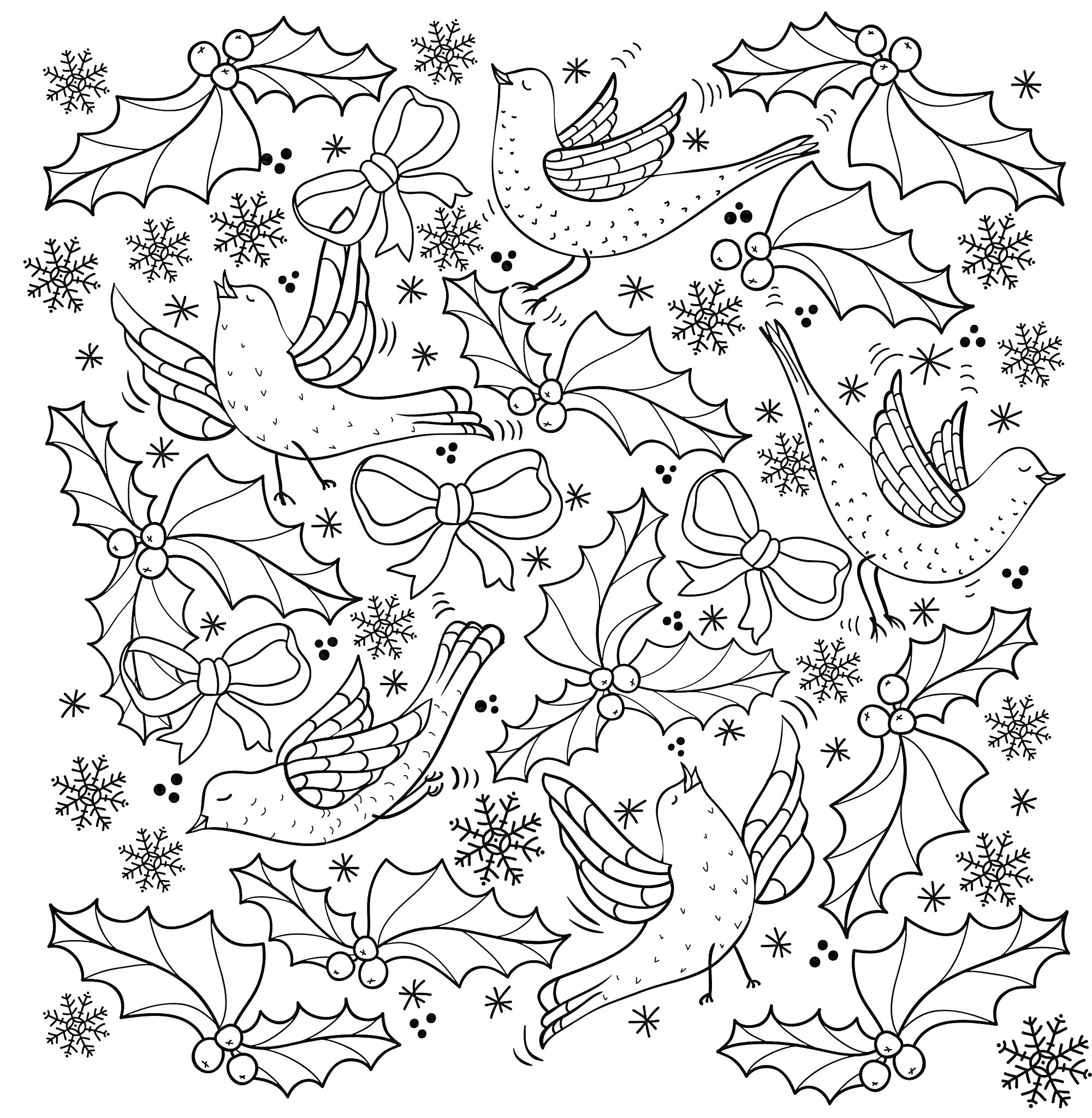 На раскраске изображено: Новый год, Снежинки, Остролист, Зима, Украшения, Праздники, Птица, Бант, Для взрослых
