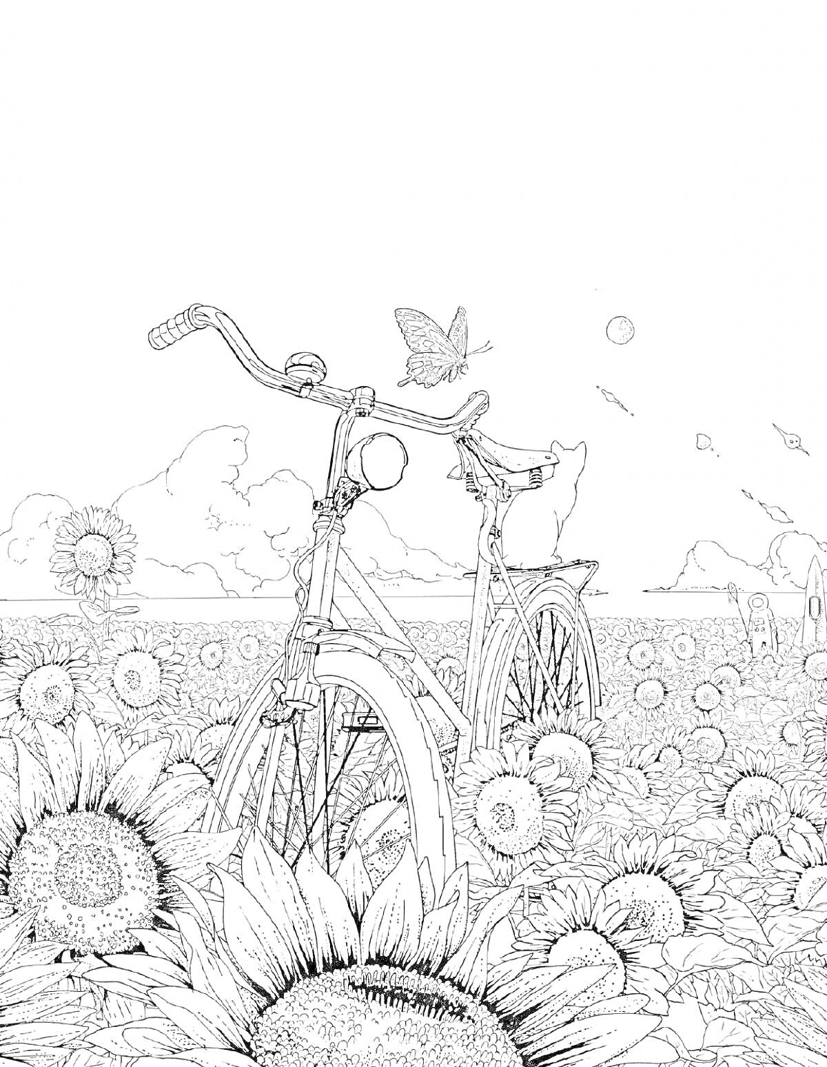 На раскраске изображено: Велосипед, Подсолнухи, Бабочка, Облака, Поле, Антистресс
