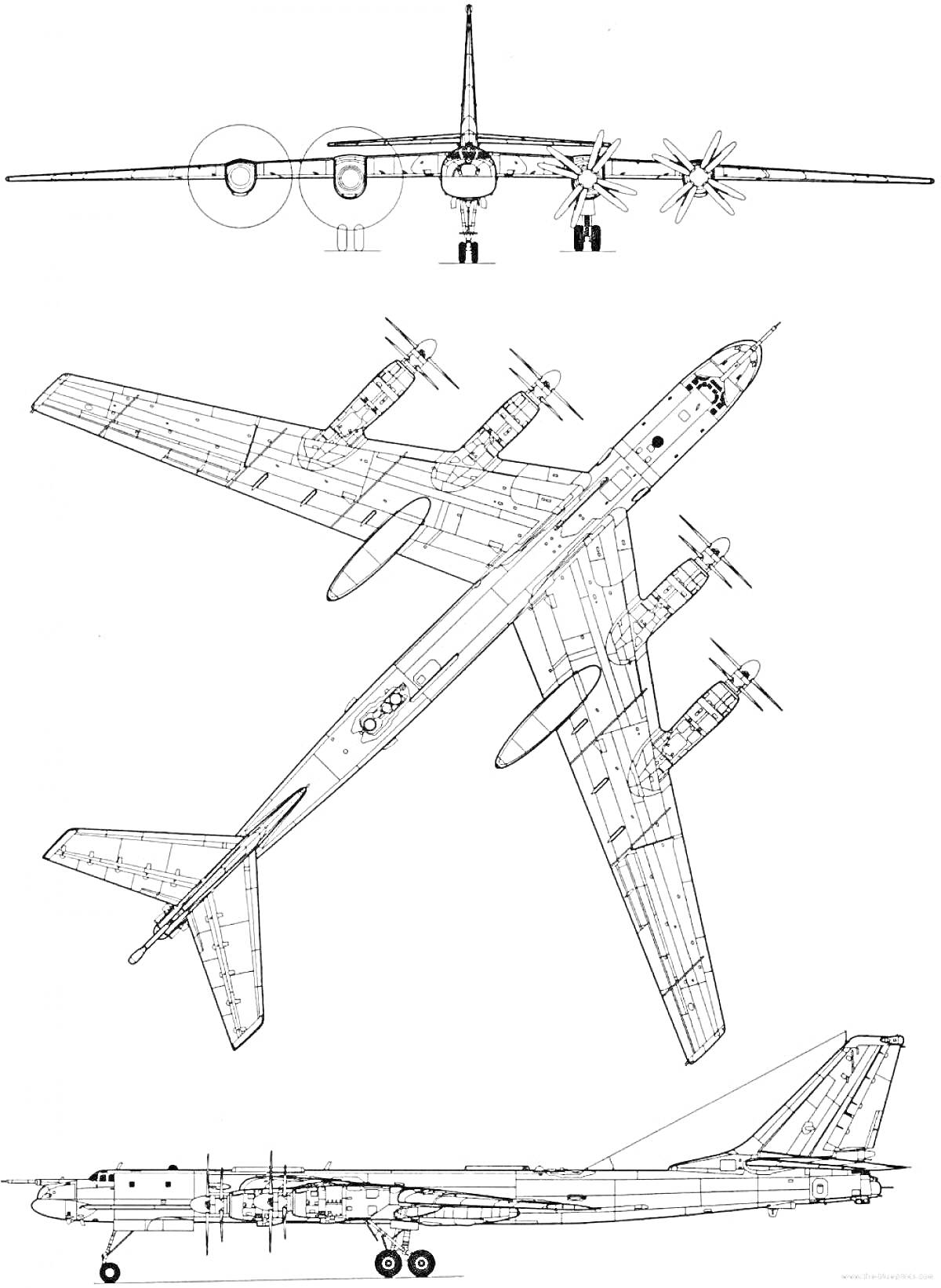 На раскраске изображено: Ту-95, Бомбардировщик, Авиастроение, Авиация