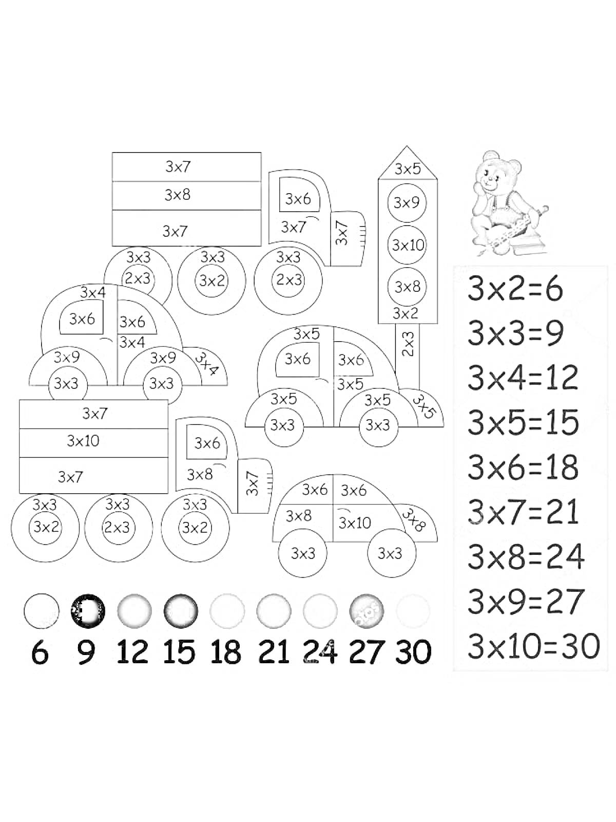 Раскраска Таблица умножения - паровозик, мяч, самолет, формулы умножения с результатами, иконка мышонка на жёлтом фоне