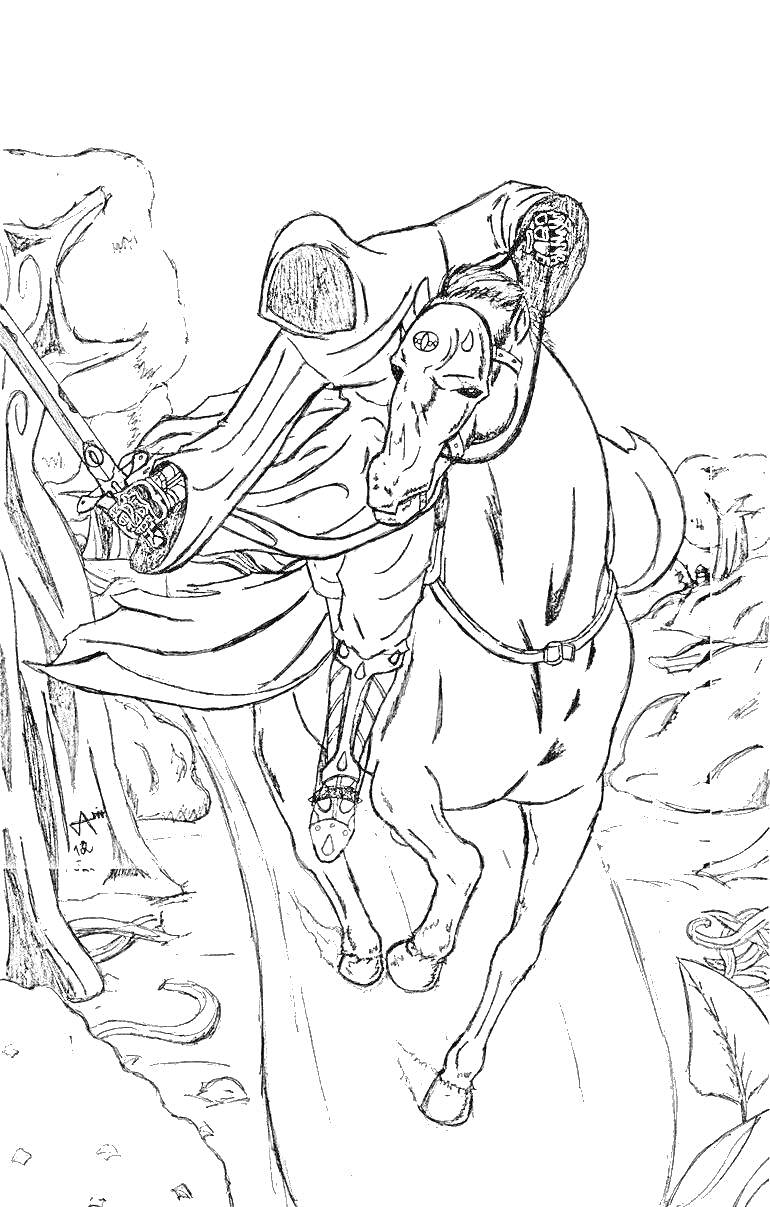 Ассасин на лошади с мечом, лес на заднем плане