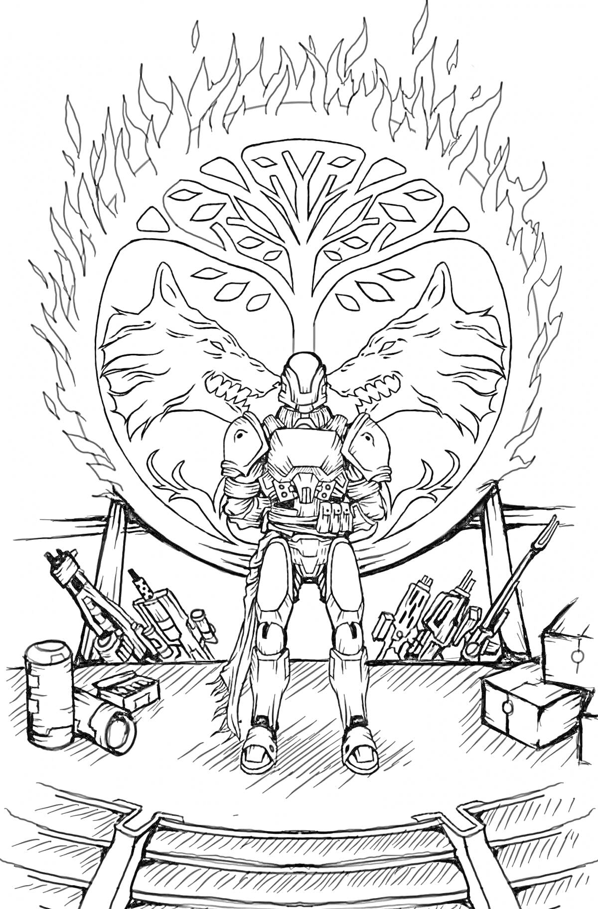 На раскраске изображено: Воин, Огонь, Крылья, Оружие, Ствол, Защита, Битва, Коробка, Деревья, Шлемы