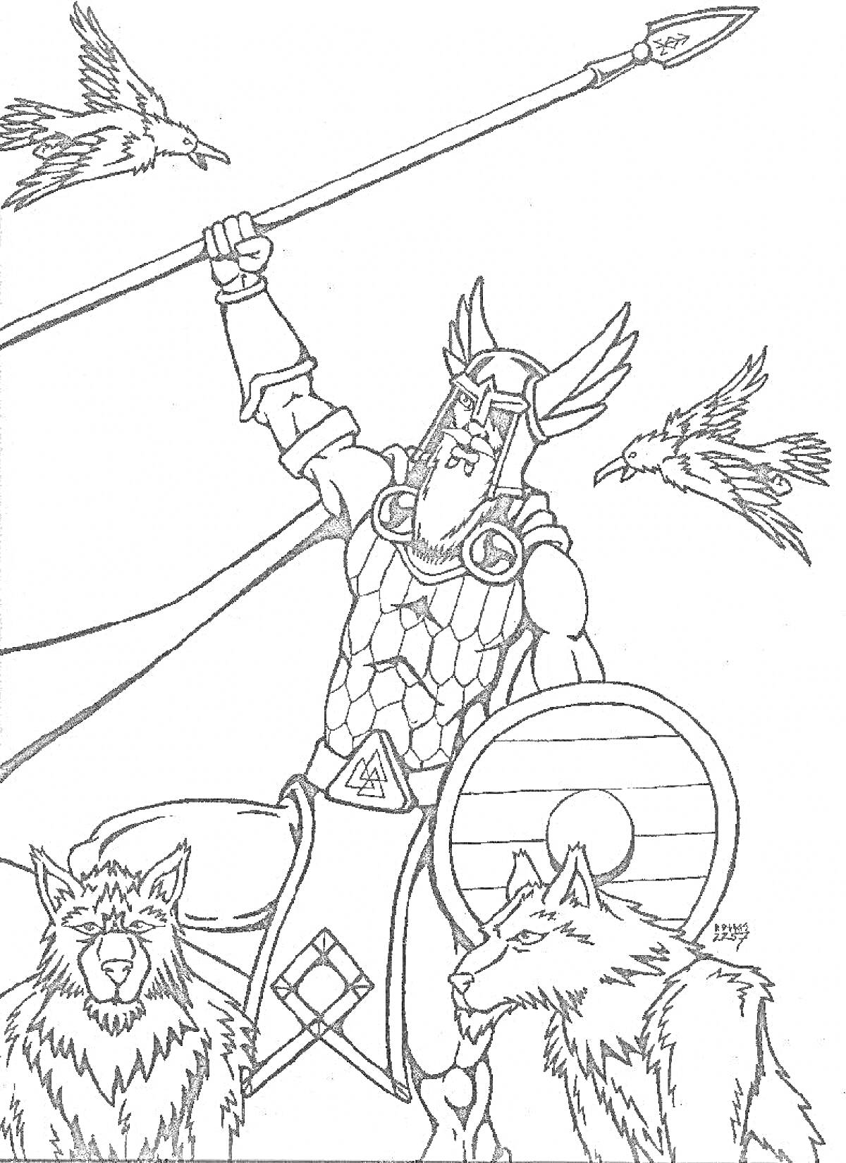 Раскраска Викинг с копьем, щитом, двумя волками и воронами
